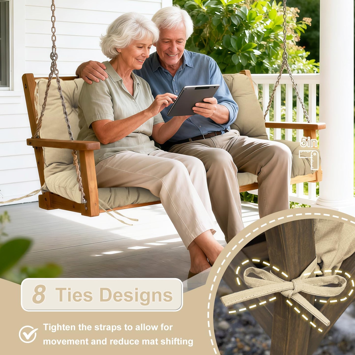 Porch Swing Cushions Outdoor 60 inch x 40 Waterproof Swing Cushions 3 Seater Replacement with Backrest & 8 Ties 5" Thick Bench Swing Cushions for Outdoor Furniture Patio(Khaki)