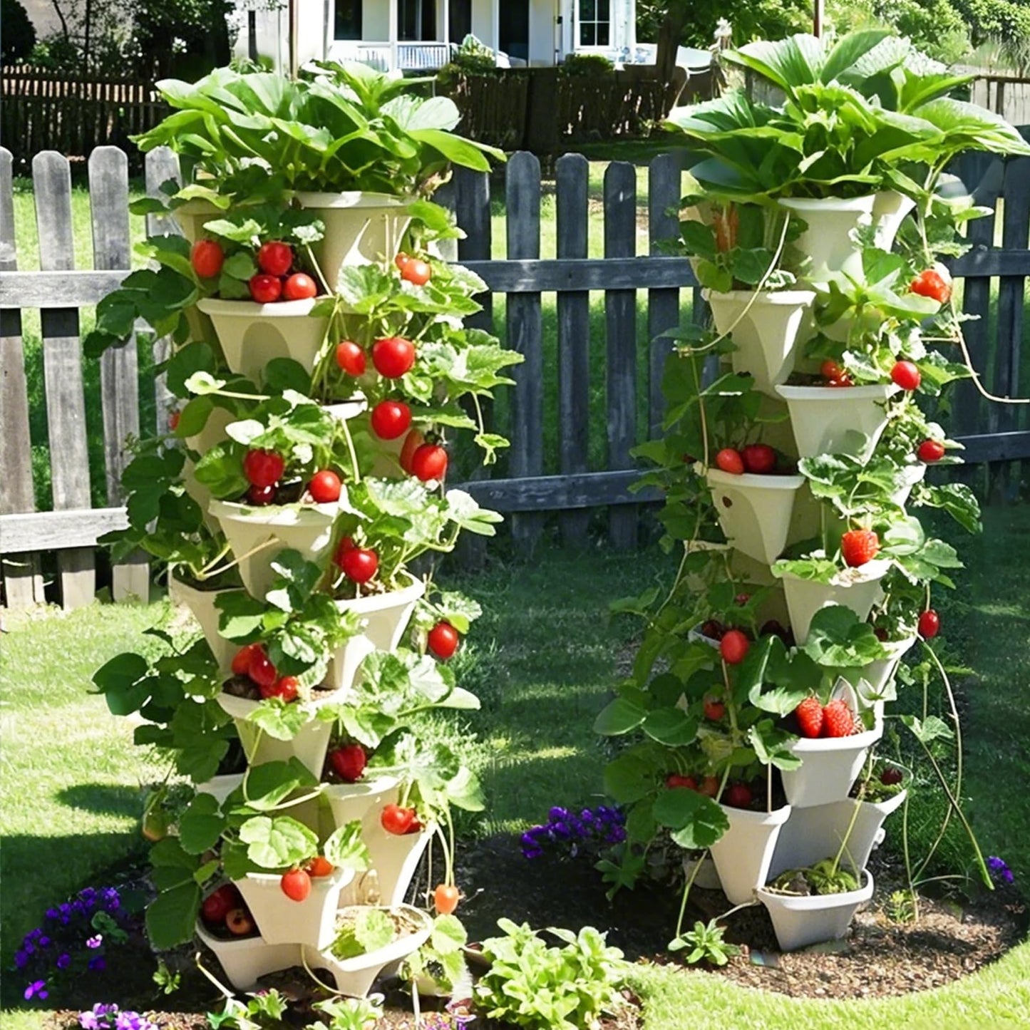 Lykvrii 7 Tiered Strawberry Planters 2 Pack, Vertical Stackable Planter, Herb Stacking Tower Garden, Flower and Vegetable Planters with Support Pole Indoor & Outdoor with Removable Wheels - White