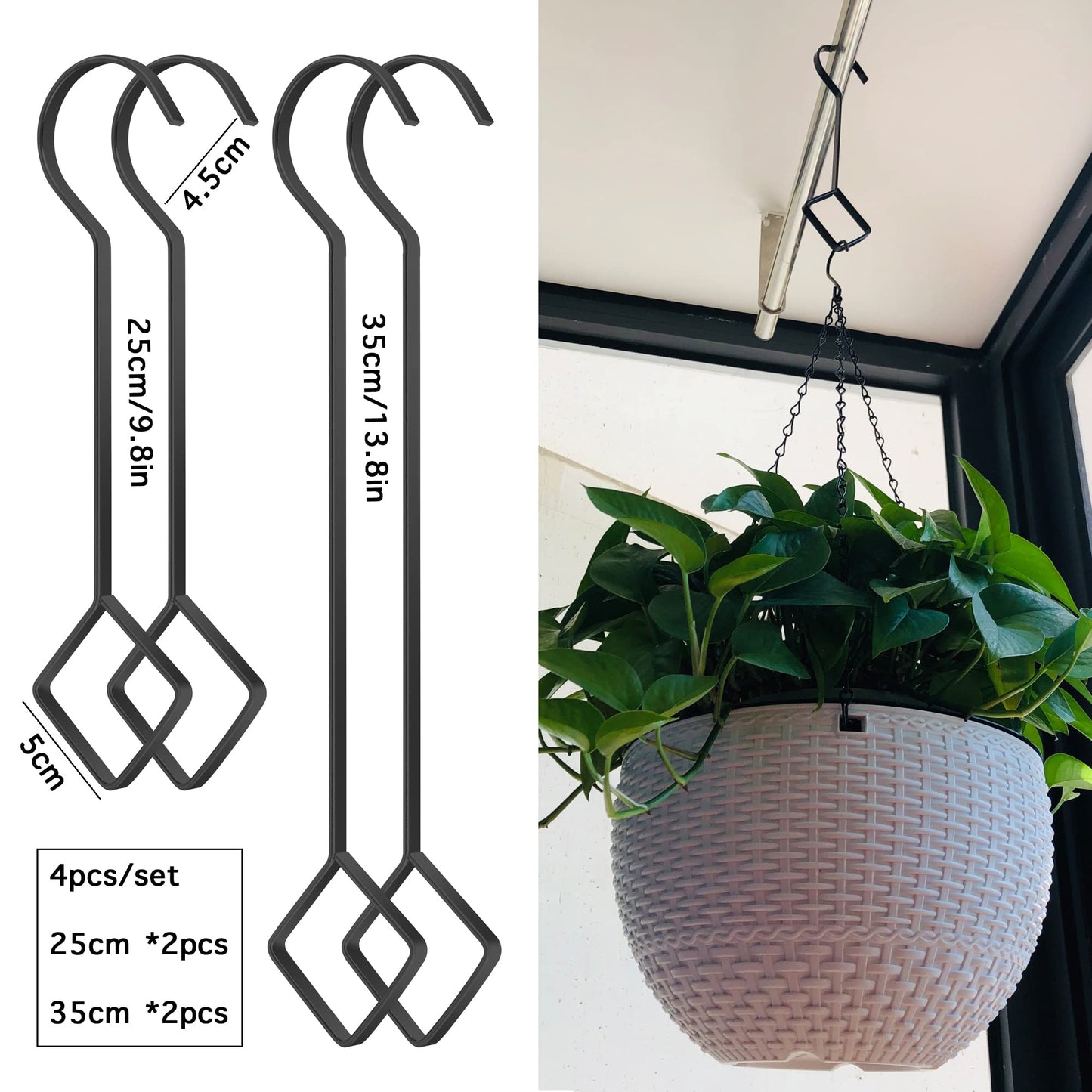 Jinhong 10 & 14 Inch Large Heavy Duty S Hooks Plant Hangers Extension Steel Hanging Tool for Home Decoration Shopwindow Clothes Plants Pergola Birdcage Lamp Garden 4pcs Black