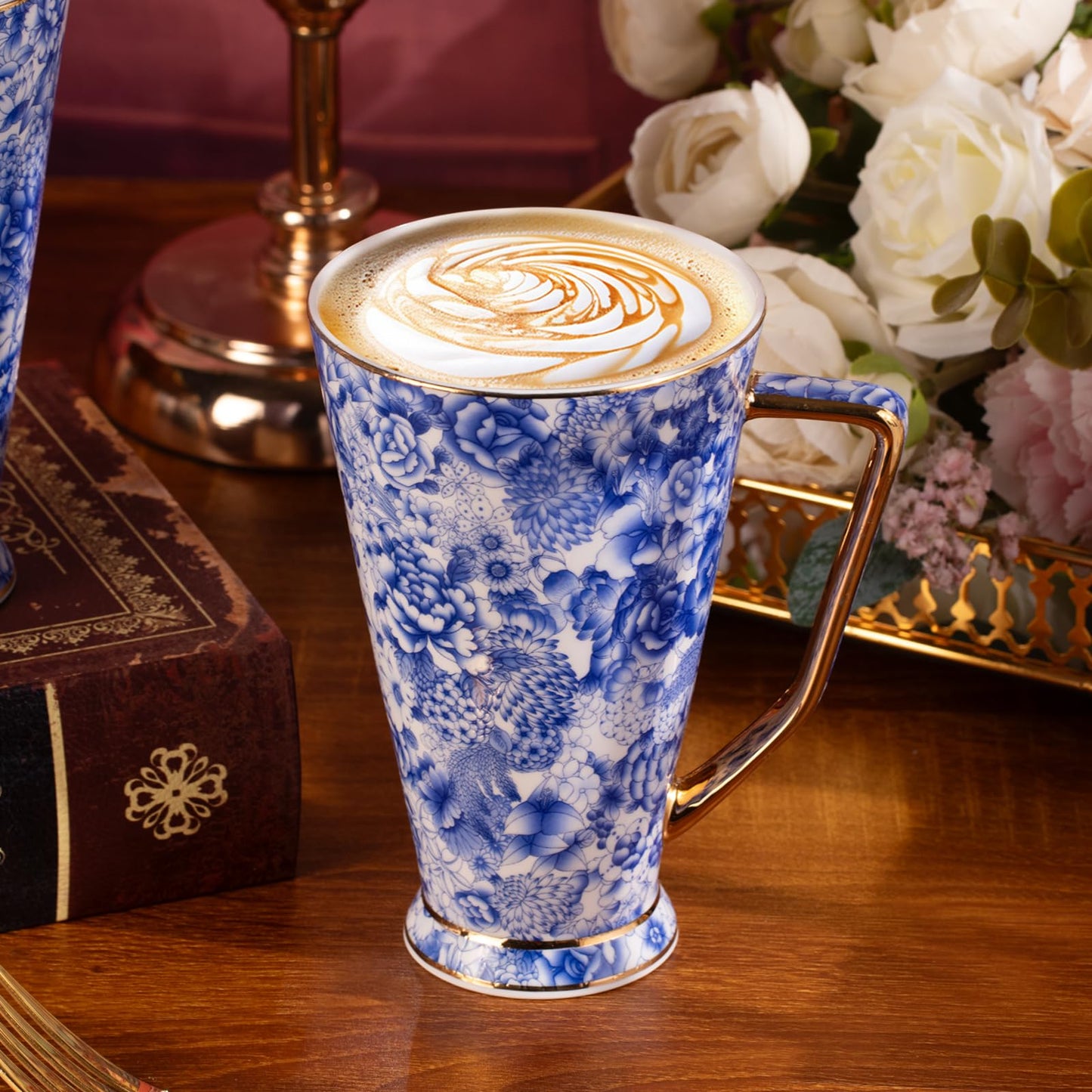 KAMMAK Ceramic Coffee Mugs 20 oz Tall Porcelain Coffee Cups Set of 2 Large Tea Mugs with Handle Vintage Tea Cups Cappuccino Mug for Latte, Espresso, Americano, breakfast cereal, Hot Cocoa, Drinks