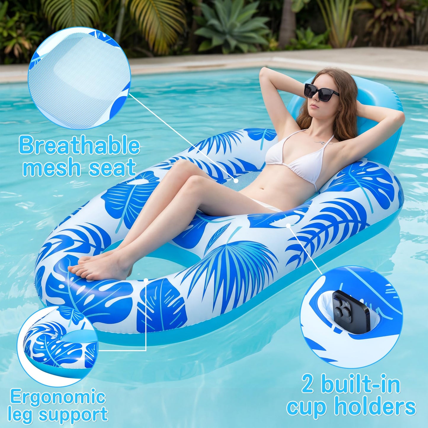 FindUWill Pool Floats for Adults 2 Pack, Inflatable Pool Lounge Chair Floaties with Cup Holder, Heavy Duty Water Floating Rafts Swimming Toys for Summer Party Travel, Beach, Lake