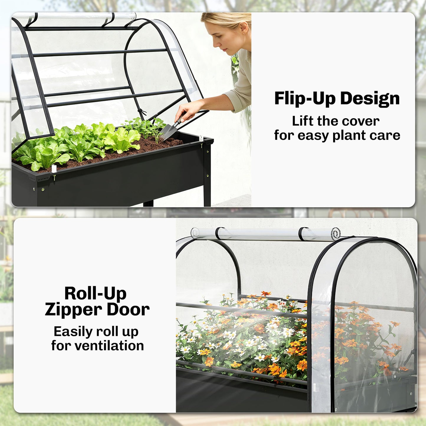 Outsunny Raised Garden Bed with Flip-Up Greenhouse Cover, Metal Elevated Garden Bed with Legs and Drainage Hole, Outdoor Raised Planter Box for Vegetables Herbs Flowers, 39.4" x 19.3" x 53.5", Black