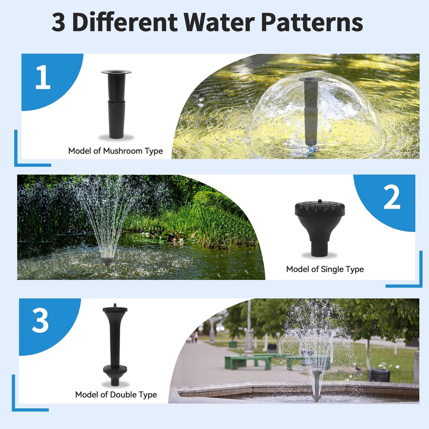 KioGro 1320GPH/100W Large Water Fountain Pump, Pond Pump Fountain Kits for Outdoor, Pond Equipment with 3 Nozzle Options, Adjustable Water Flow, IPX8 waterproof, Black