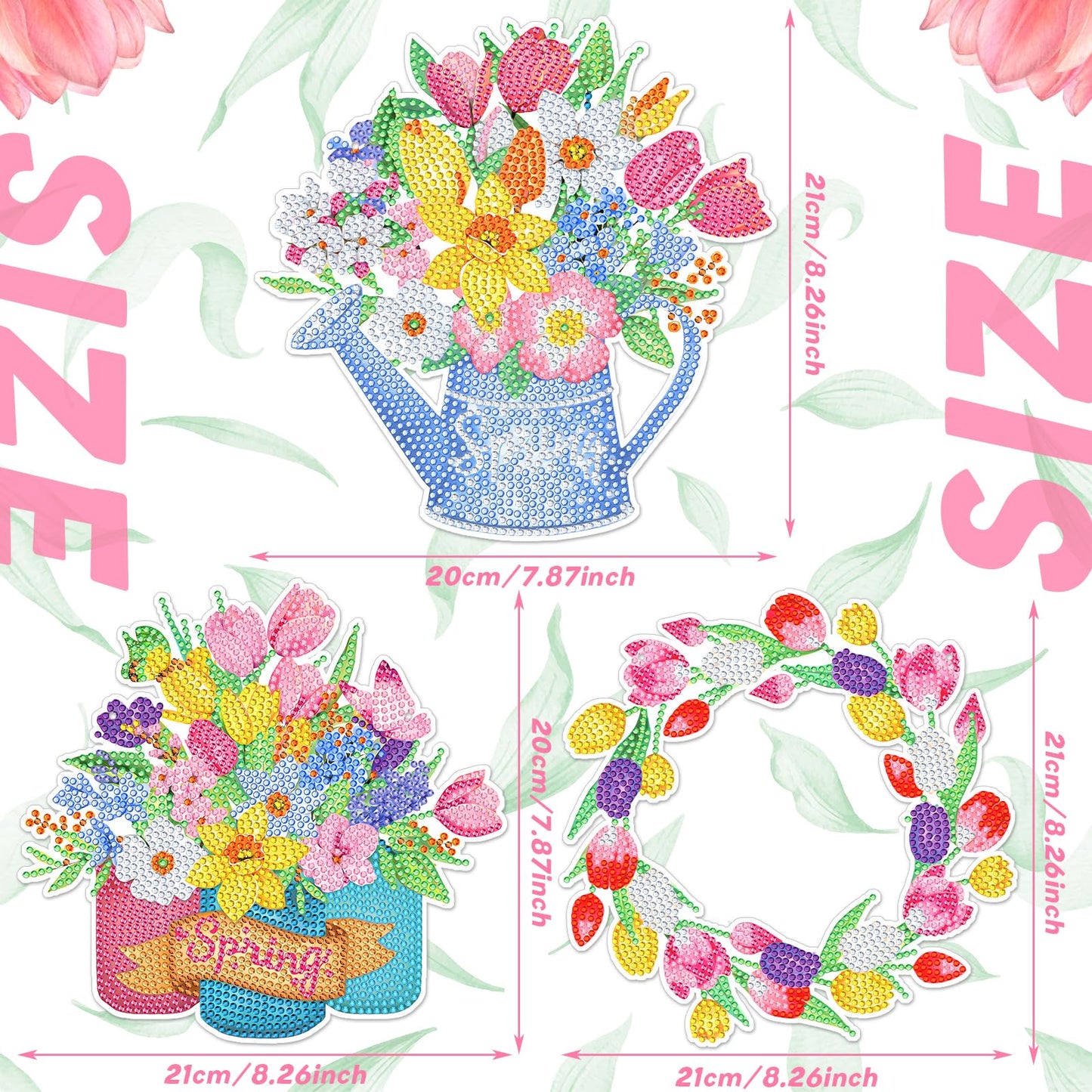 Menkxi 3 Pcs Spring Diamond Art Kits for Adults Spring Flowers Diamond Painting Kits 5d DIY Wreath Tulip Spray Bottle Crystal Painting Hanging Sign for Beginners Craft Supplies Door Wall Window Decor