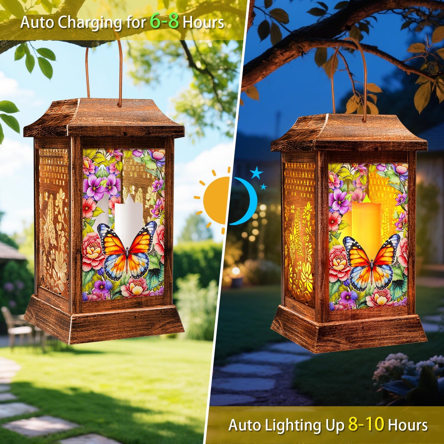 Butterfly Solar Lanterns Outdoor Waterproof, Metal & Glass Hanging Lights Garden Decor, Birthday Gifts for Women Mom Grandma Mothers Day, Decorative Lights for Outside Yard Patio Backyard Porch