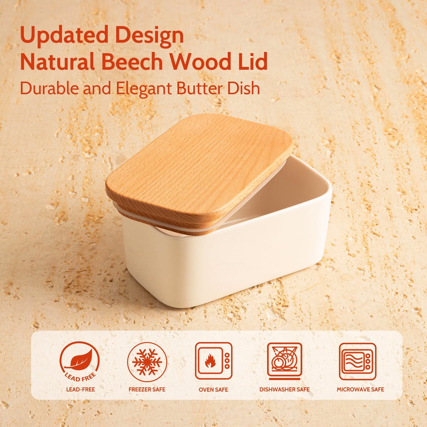 Sweese Large Butter Dish - Airtight Butter Keeper Holds Up to 2 Sticks of Butter - Porcelain Container with Beech Wooden Lid, White
