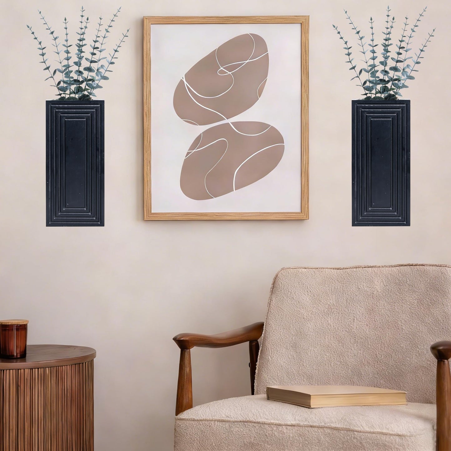 FancyPlus Wooden Wall Planter Vase, 2 Pack Black Wood Hanging Vases with Fake Eucalyptus for Indoor Modern Boho Farmhouse Wall Art Decor for Home Indoor Kitchen Modern Farmhouse Bathroom