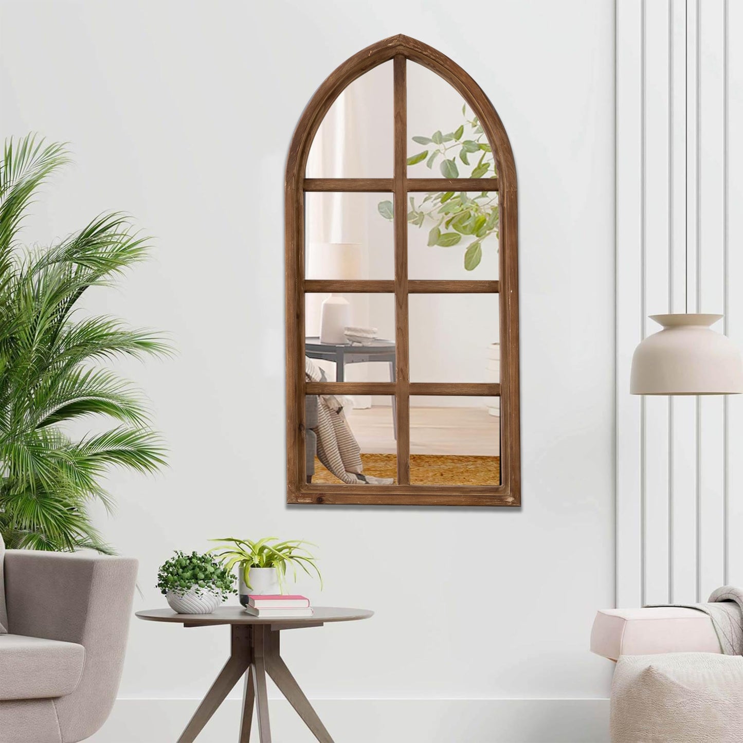 Sintosin Farmhouse Cathedral Window Pane Mirror Wall Decor 18 X 36 Inch, Hanging Distressed Wood Arched Window Mirror, Decorative Wall Mirrors for Living Room Bedroom Entryway