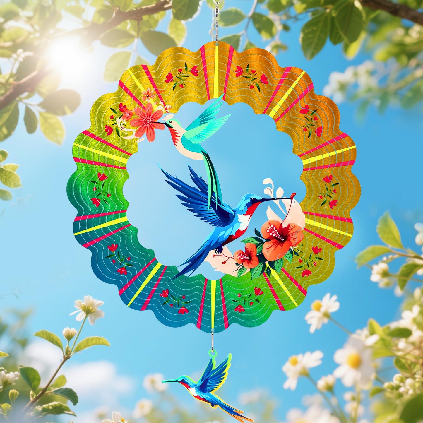 Hummingbird Metal Wind Spinners, Hummingbird Gifts for Mothers Day Women Mom Grandma Wife Men, 12 inch 3D Stainless Steel Hanging Wind Spinner for Outdoor Indoor Yard Art Garden Christmas Decorations
