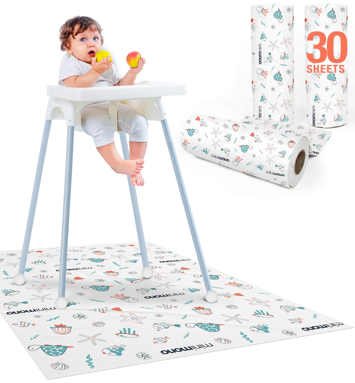 Minimono Baby Splat Mat for Under High Chair - 30 Pcs Disposable and Waterproof Splash Mats - 40"x47" Multipurpose Activity Mat for Picnic, Arts and Crafts - Baby Led Weaning Supplies (Sea Animals)