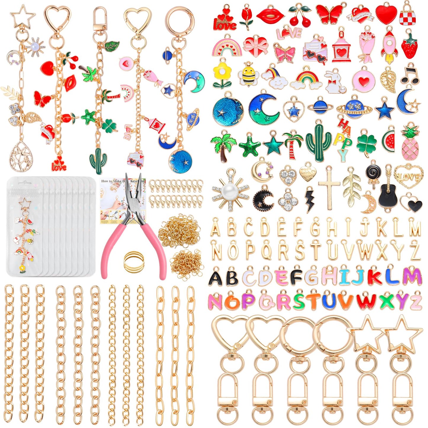 Riwiuue 352Pcs Lip Gloss Keychain Making Kit, DIY Charms Key Chain Making Kit with Bag Charm Supplies, Pendant, Jump Ring, Crab Clip, Pliers, Gift Bag & Tools for Mother's Day Party Gifts