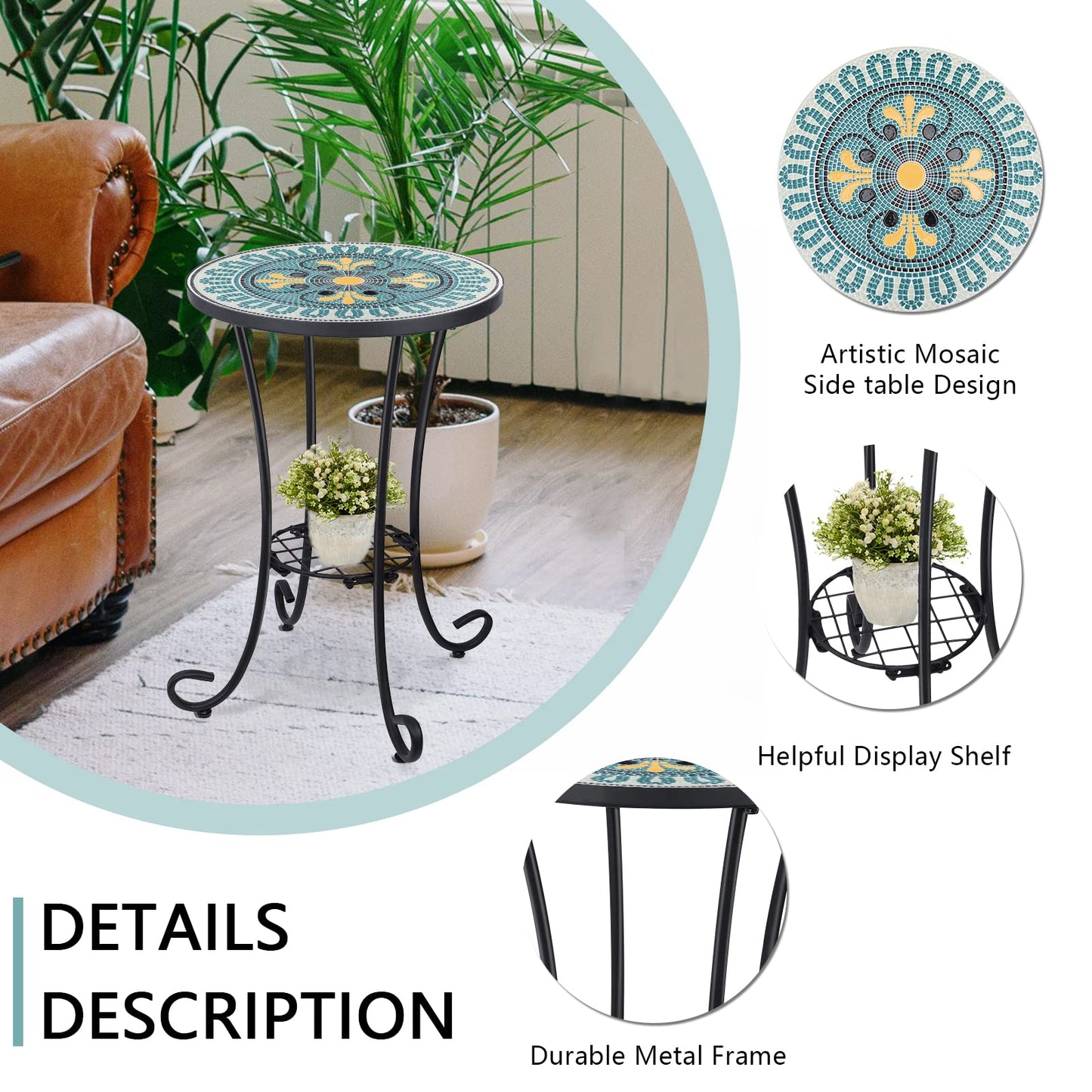 VCUTEKA Outdoor Side Table Mosaic Patio Table Accent Tables Mosaic Tile Top Metal Frame Small End Tables Porch Beach Patio Garden Balcony Green 14''