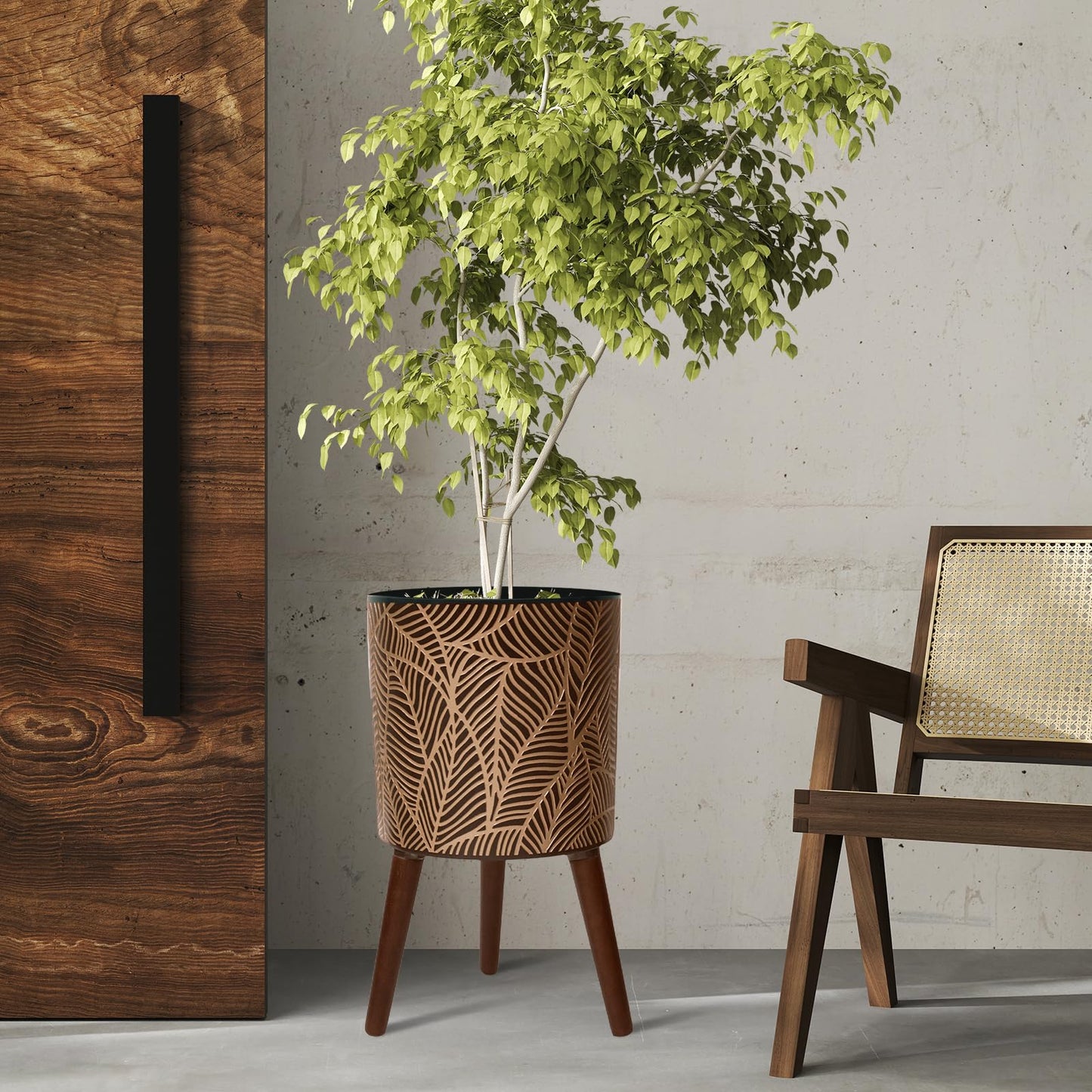 Opnons 12inch Black Plant Pots for Indoor Plants Large Boho Flower Pot with Stand Modern Planters with Gold Floral Embossed Standing Planter with Drainage for Living Room, Office, Garden or Balcony