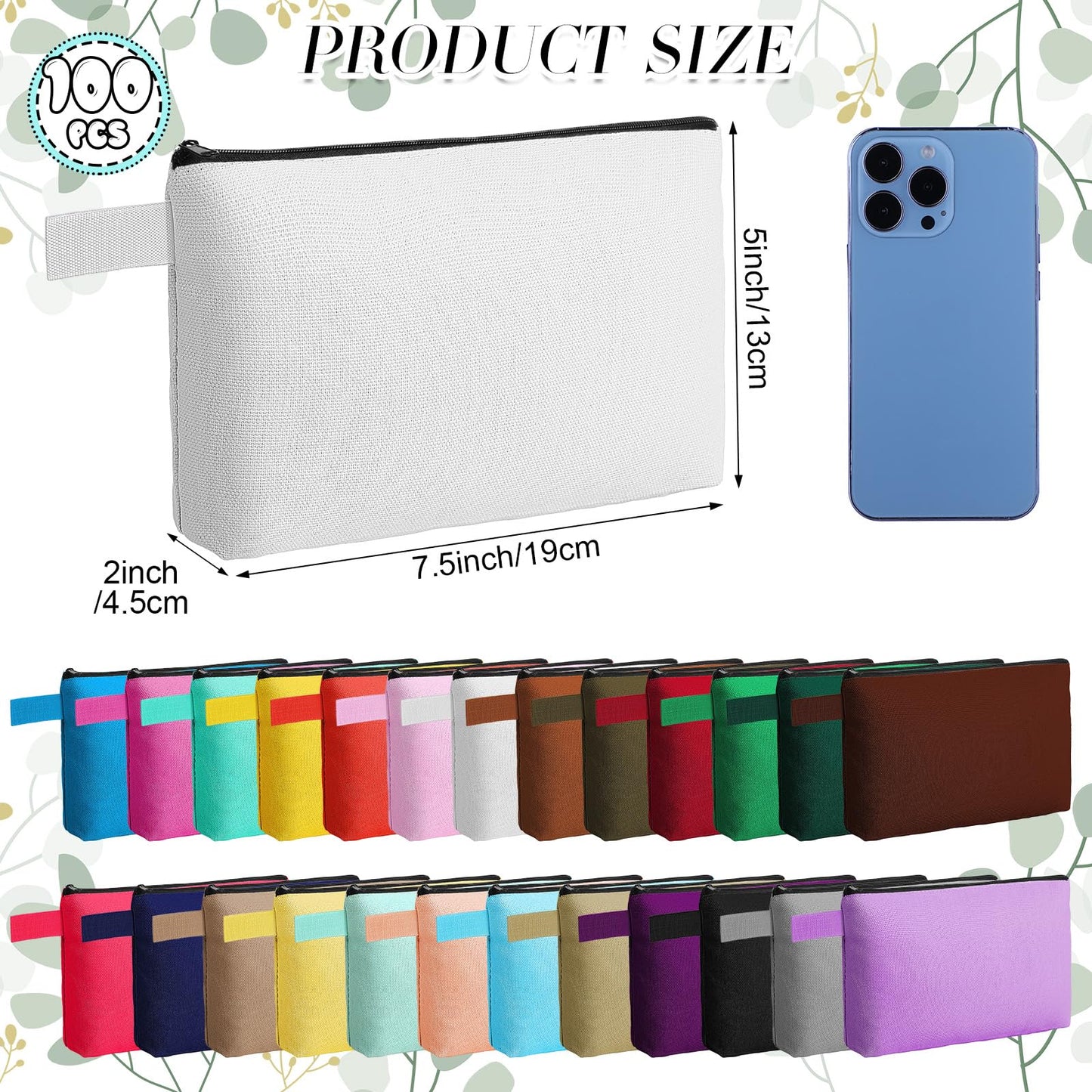 Reginary 100 Pcs Multicolor Canvas Makeup Bag Bulk Portable Travel Cosmetic Pouch Versatile Blank Toiletry Bag with Zipper for Women DIY Craft Purse Pencil Case (7.5 x 5 x 2 Inch)