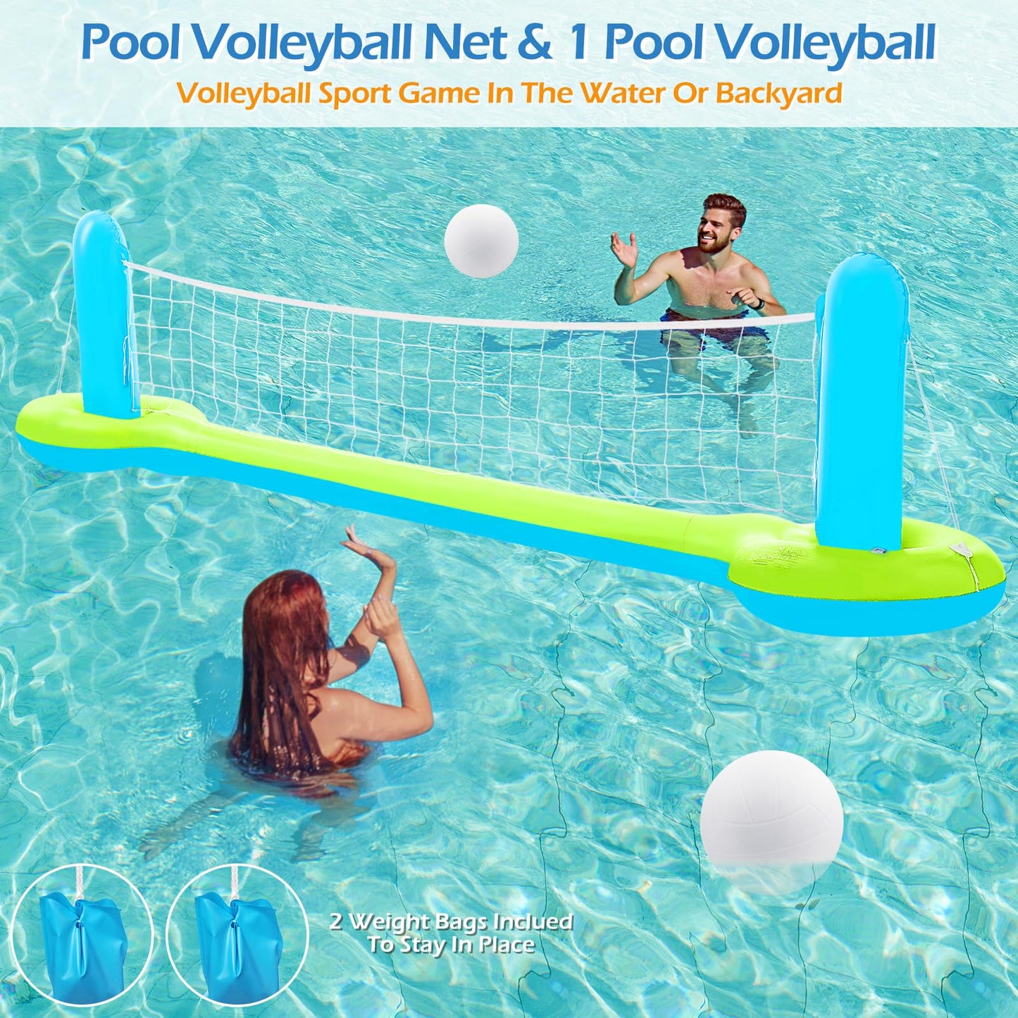 Jasonwell Pool Toys Games Set - 3 in 1 Pool Volleyball Net Basketball Hoop Ring Toss Game Inflatable Floats Water Floating Volleyball Swimming Pools Games Party Gift for Kids Adults (Green&Blue, XL)