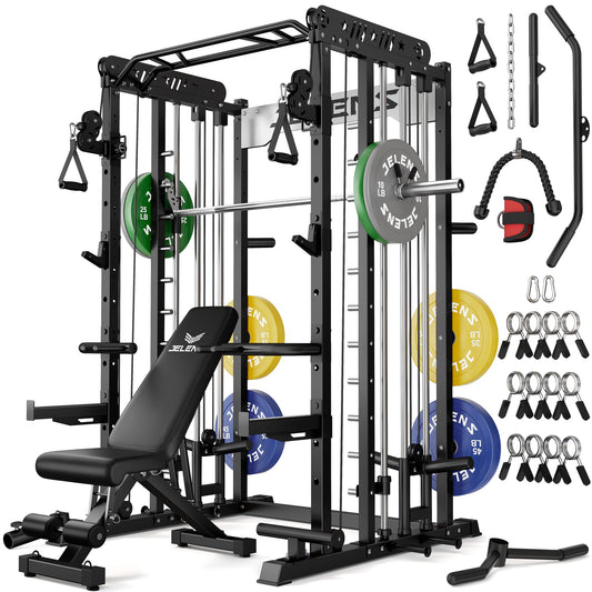 JELENS Smith Machine for Home Gym, Multi-Function M12 Power Cage, Squat Rack with Smith Bar and More Attachment (Black, 230LB Colored Weights Package)