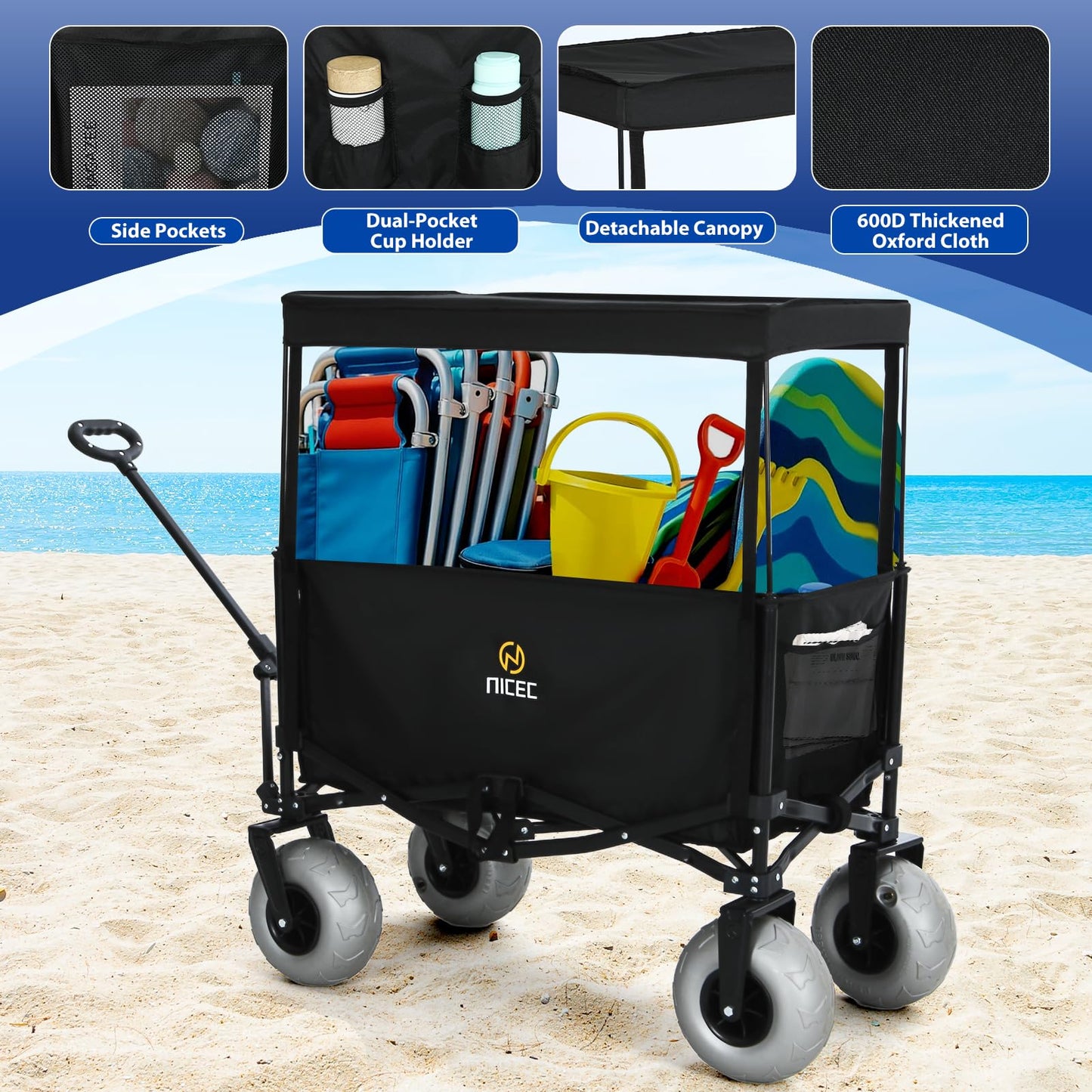 Nice C Beach Wagon with Canopy, Beach Cart with Ballon Wheels for Sand, 9'' Big Sand Wheels, 220 lb Capacity, Adjustable Handle, for Camping, Groceries