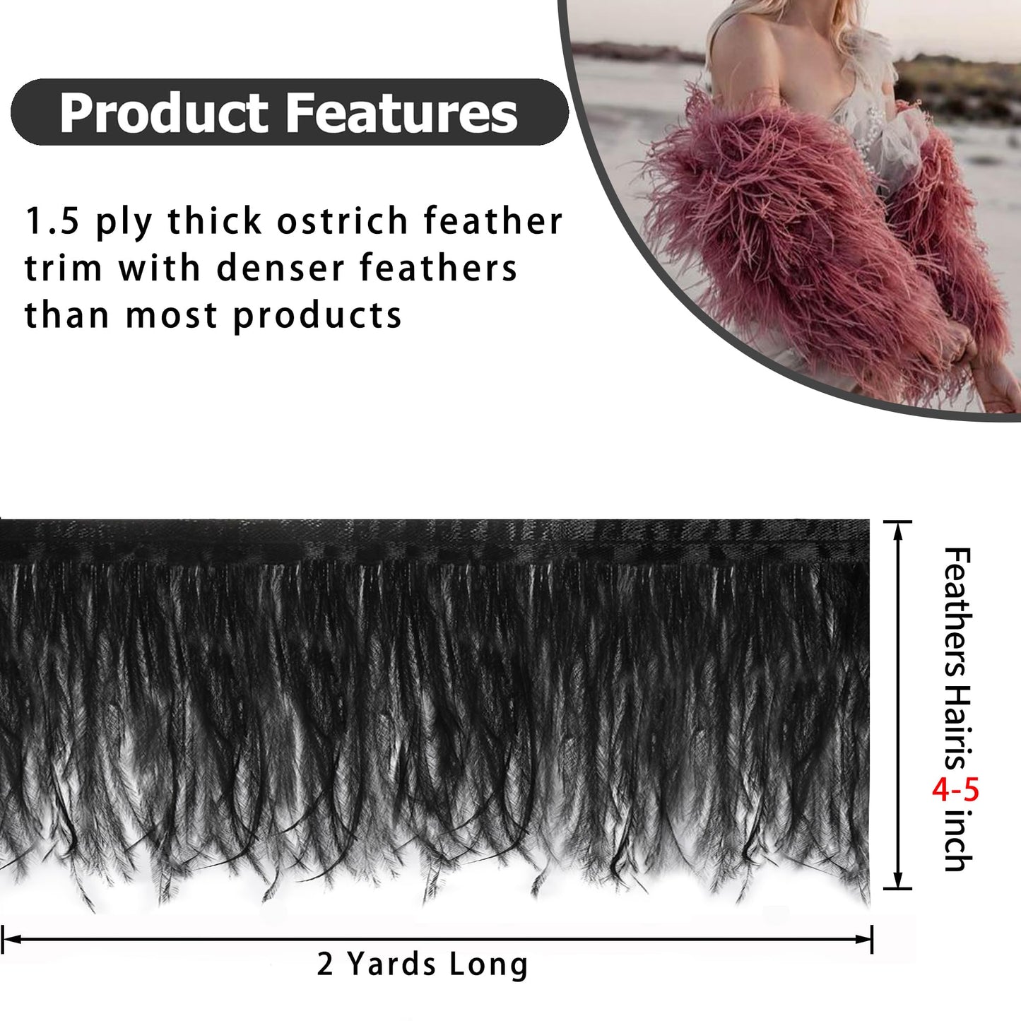 SOGUGOM Black Ostrich Feather Trim - 1.5Ply 2Yards 4-5Inch Feathers Fringe Ribbons Trim for Sewing, Dress, Craft Projects, Halloween Costumes, Holiday Dance Parties(Black)