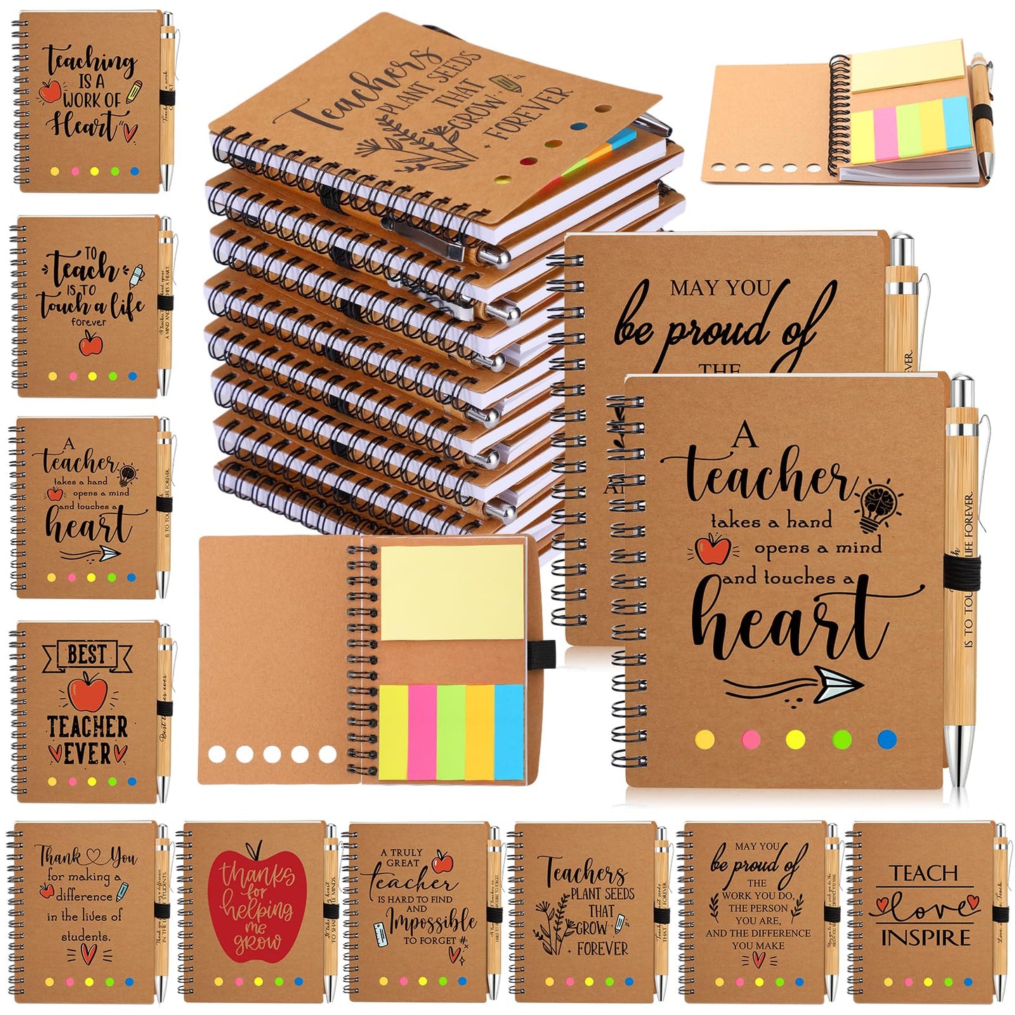 Glenmal 20 Sets Teacher Appreciation Gift for Women Spiral Notebook Thank You End of Year Gift for Teachers from Students Inspirational Journal with Bamboo Pens for Office Employee Supplies