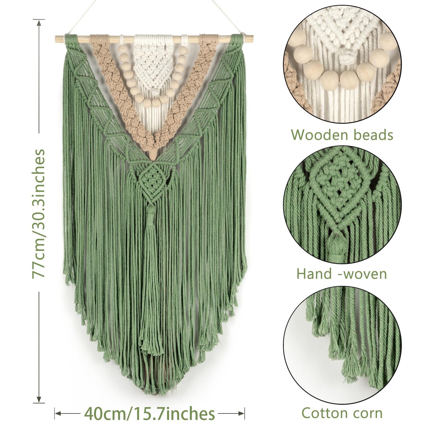 EOBTAIN Green Macrame Wall Hanging Boho Home Decor,Handmade Craft Handwoven Tapestry for Gallery Nursery Living Room,Natural Cotton Cord and Wood Beads Tassel Bohemian Art Decoration,30 Inch