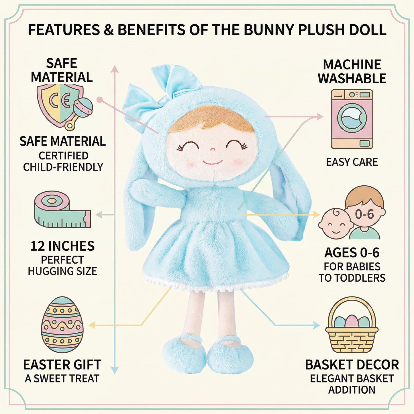 Gloveleya Easter Bunny Gift Plush Bunny Dolls First Baby Doll for Toddlers Rabbit Toy Gifts for Girl Blue 12 Inches