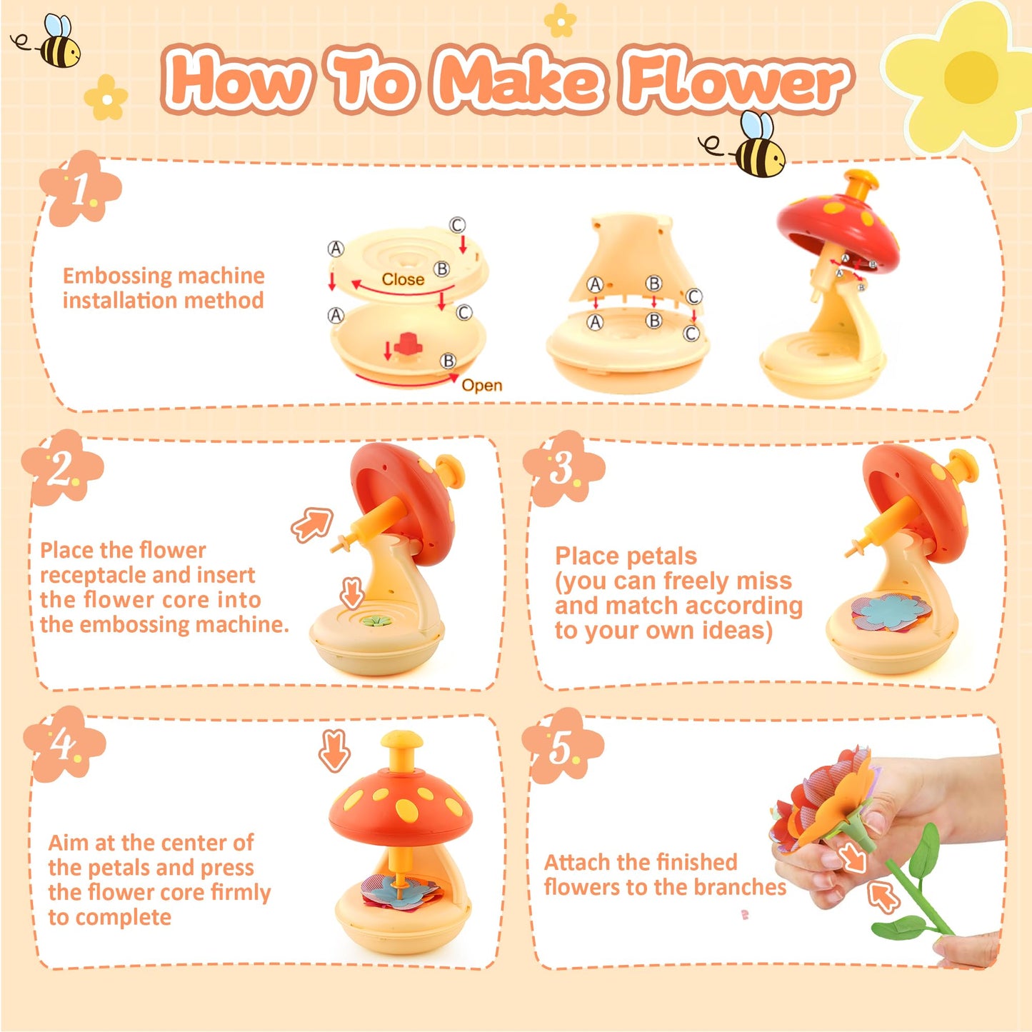 SZBZ Fabric Flower Bouquets Craft Kits, DIY Arts and Crafts for Kids 4-6-8,Press-to-Create Flower Maker, Flower Craft Kits Toys Valentines Day Gifts, Birthday Gifts for 4 5 6 7 8+Year Old Girl