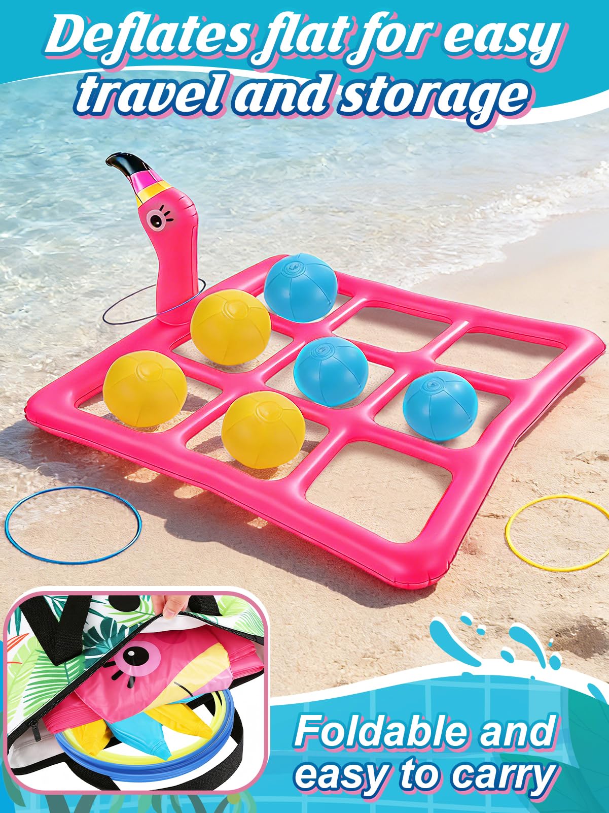 MADHOLLY 2 in 1 Pool Games Set for 2-10 Players - Inflatable Tic-Tac-Toe & Flamingo Ring Toss with 10 Balls & 6 Rings, Outdoor Summer Beach Yard Toys for Family, Adults, Kids