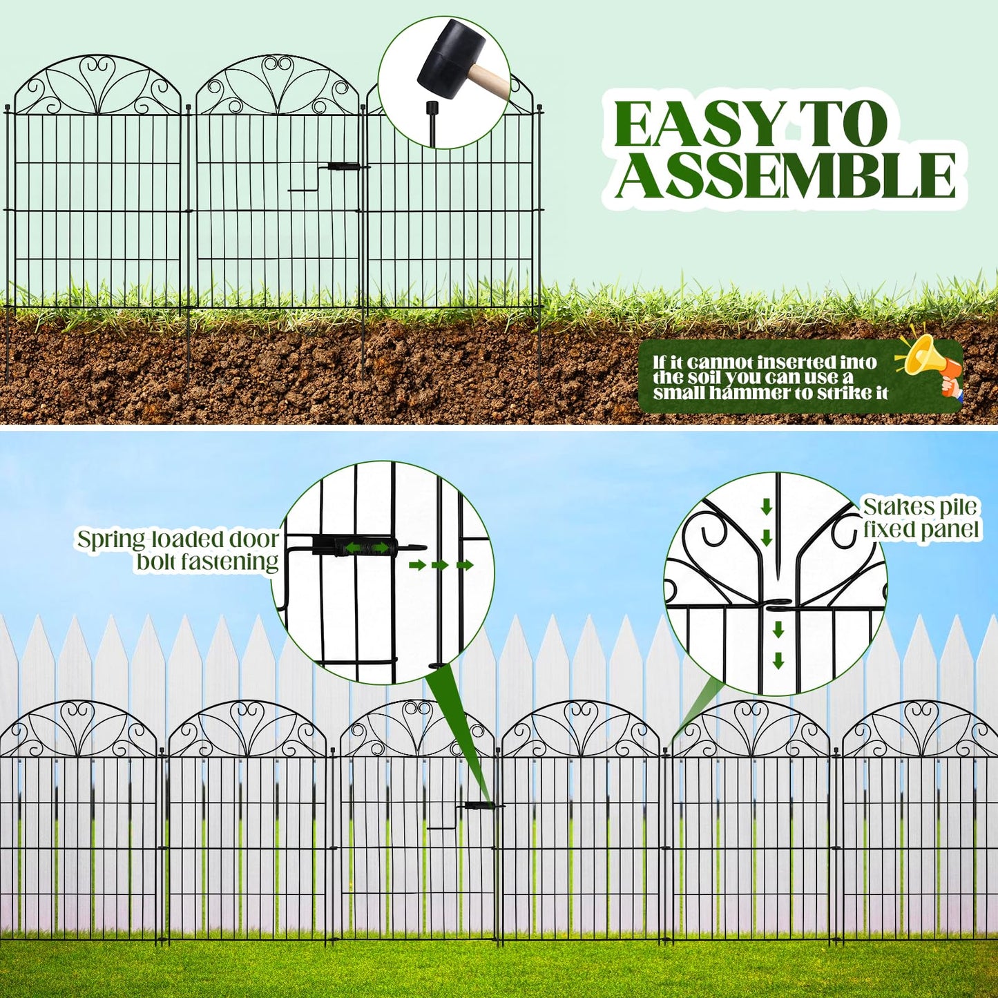 6 Panels No Dig Garden Fence with Gate, 32" H x 11ft, Decorative Metal Animal Barrier Dog Fence Outdoor for Yard, Walk-Through Iron Fencing for Flower Bed, Patio & Vegetable Garden