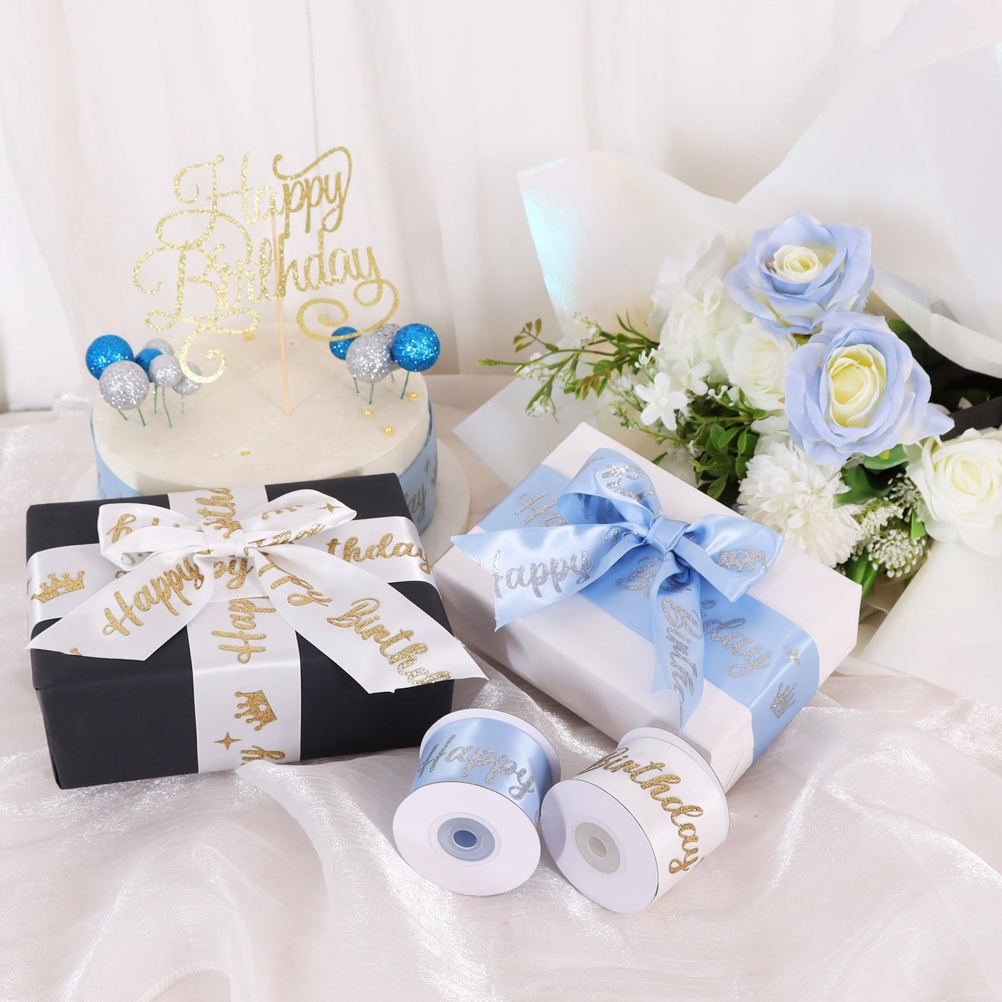 TONIFUL White Glitter Happy Birthday Satin Ribbon 2 Inch x 10 Yards Wide Printed Shiny Ribbon for Gift Wrapping,Flower Bouquet Decoration,Crafts,Banner Making and Party Supply