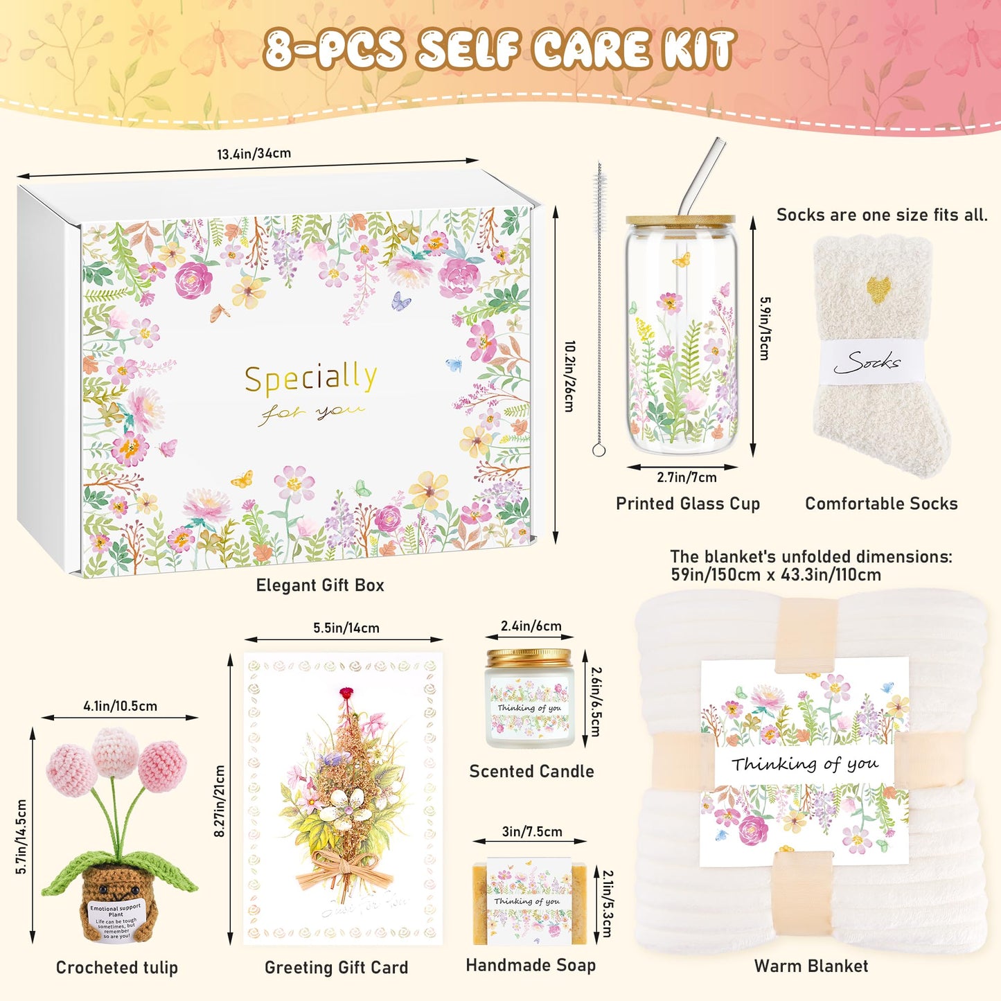 8 Set Baskets for Women Set, Self Care Get Well Soon Gifts, Teen Easter Basket, Apricot Color Birthday Gifts Care Package Thinking of You Inspirational Spa Gift Baskets for Mom Her Friend Sister Wife