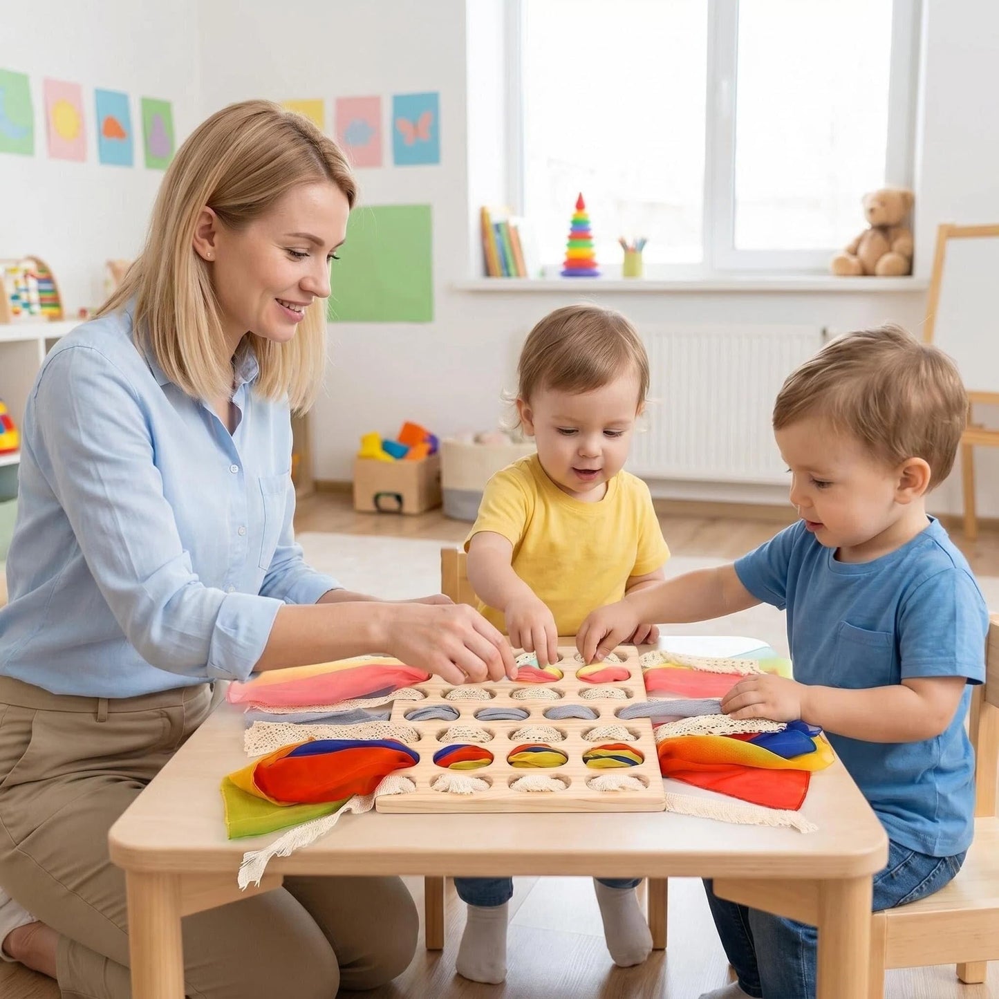 Eray Wooden Lacing Toys Open Ended Busy Board with Play Silks Weaving Board Montessori Gifts Loose Parts Play Materials for Kids