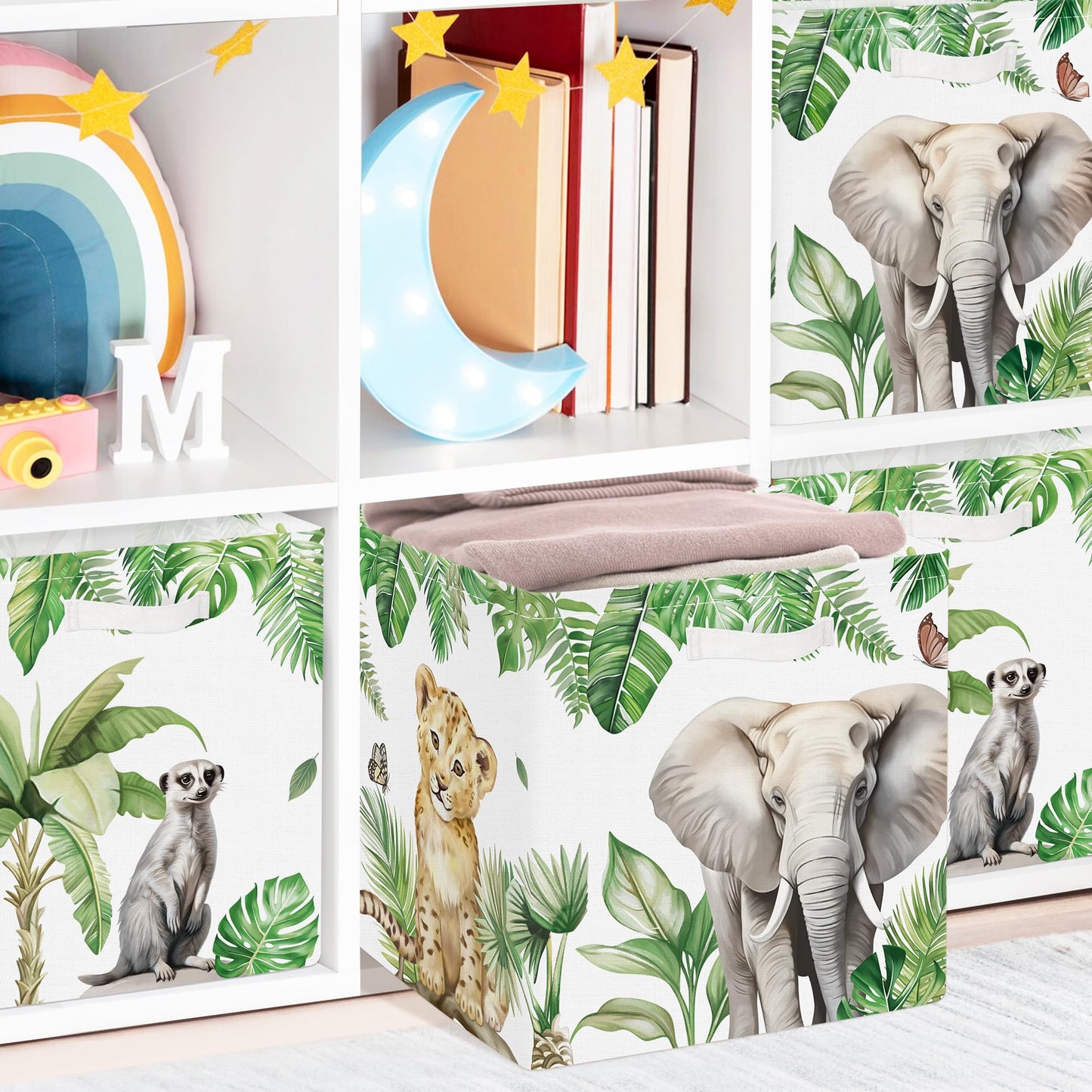 Clastyle Jungle Animals Kid Storage Cube Organizer Set Tropical Leaves Palms Giraffe Closet Clothes Cube Storage Bin Nursery Toddler Toy Box Chest Girl Boy Book Shelf Basket,Lion,11.8x11.8x11.8 in