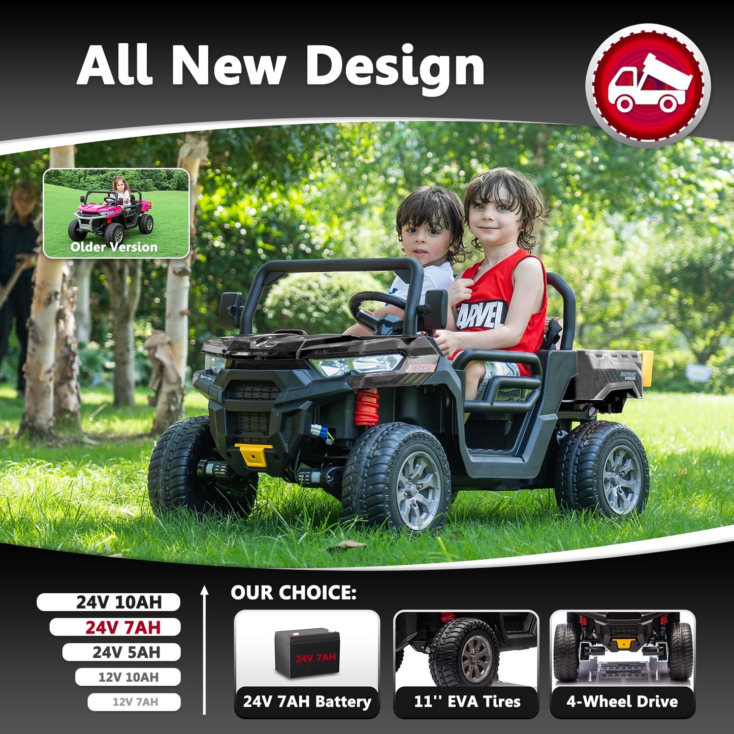 Sopbost 2 Seater 24V Ride On Toys for Big Kids with Electric Dump Bed 4WD Battery Powered Cars for Kids with Remote Control, Ride On Car with EVA Tires Wheels, Shovel, Music, Black