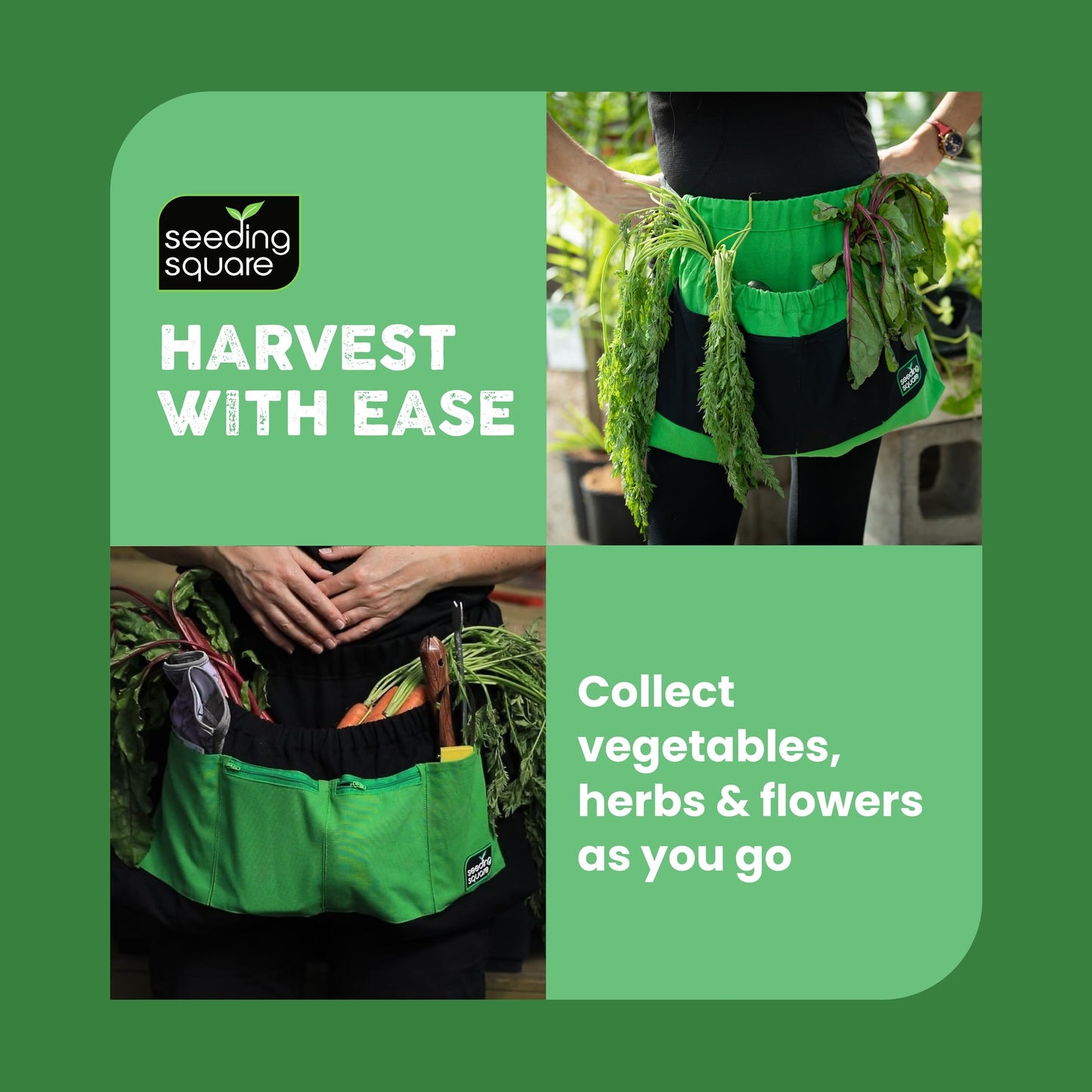 Black Harvest Apron + Seeding Circle + Pokey Planter Bundle – Garden Apron with Seed Spacing Template & Dibber Tool for Container Gardening