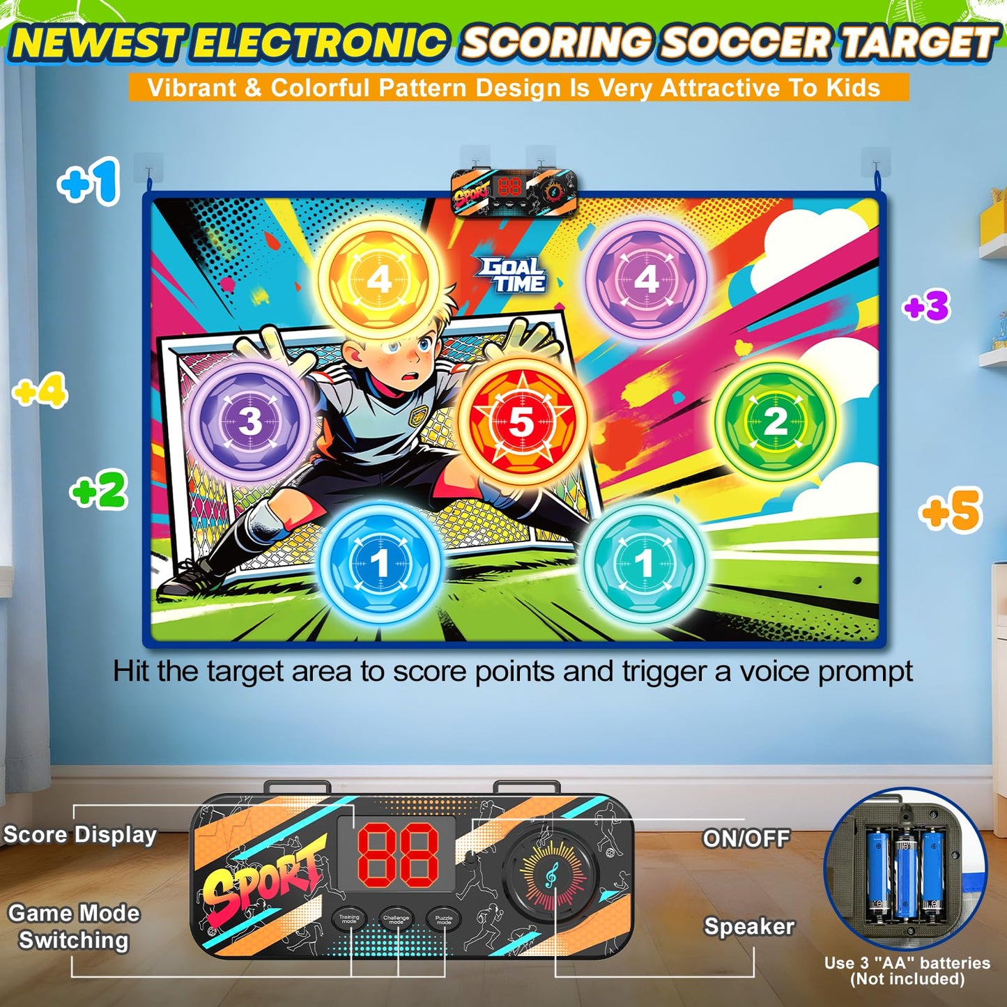 Electronic Scoring Soccer Toy Game Set for Kids with 5 Training Disc&2 Soft Balls,Indoor Outdoor Soccer Target Game Real-time Scoring 3 Modes Birthday Gifts for 3 4 5 6 7 8 9 10+ Years Old Boys Girls