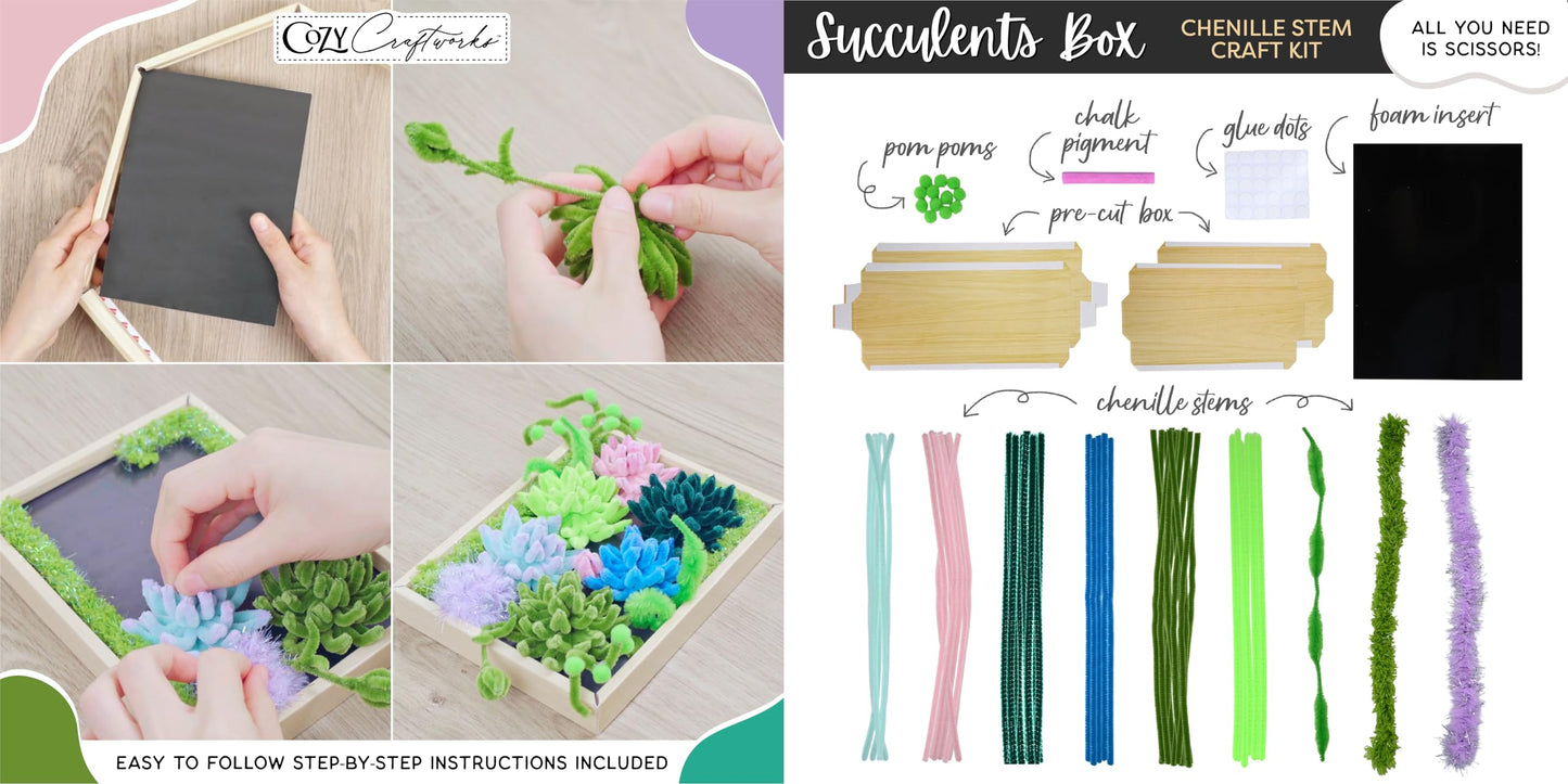 WeVeel Cozy Craftworks Chenille Stem Flower & Succulent Craft Kit for Adults – Create a Wildflower Bouquet and Succulent Box Garden – Relaxing DIY Botanical Arts & Crafts Set
