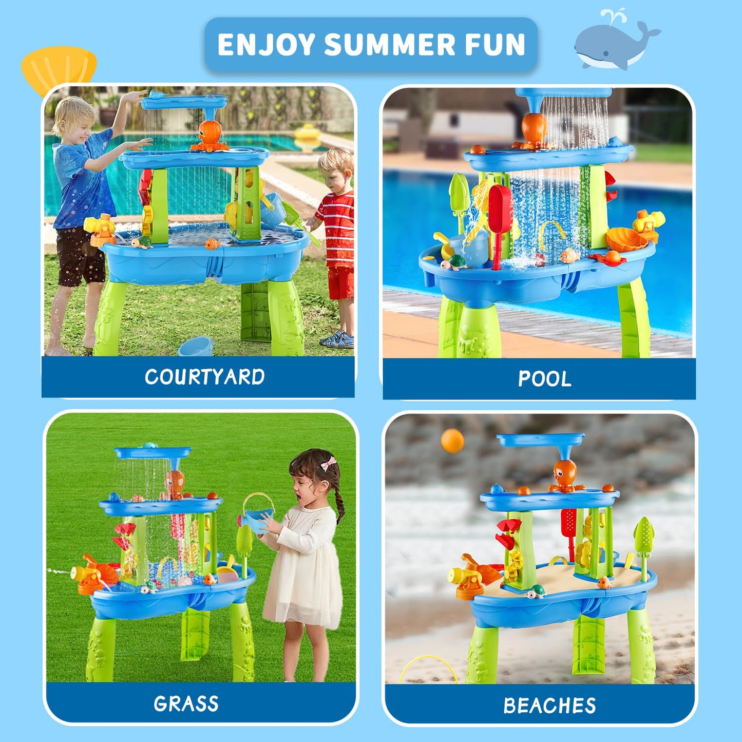 Vahlbeste Water Table for Toddlers 1-3, Kids Water Table, 3-Tier Water Tables for Toddlers 3-5 Features Swimming Dolphins & Crabs, Rain Showers Splash Pond, Activity Sensory Play Table for Boys Girls