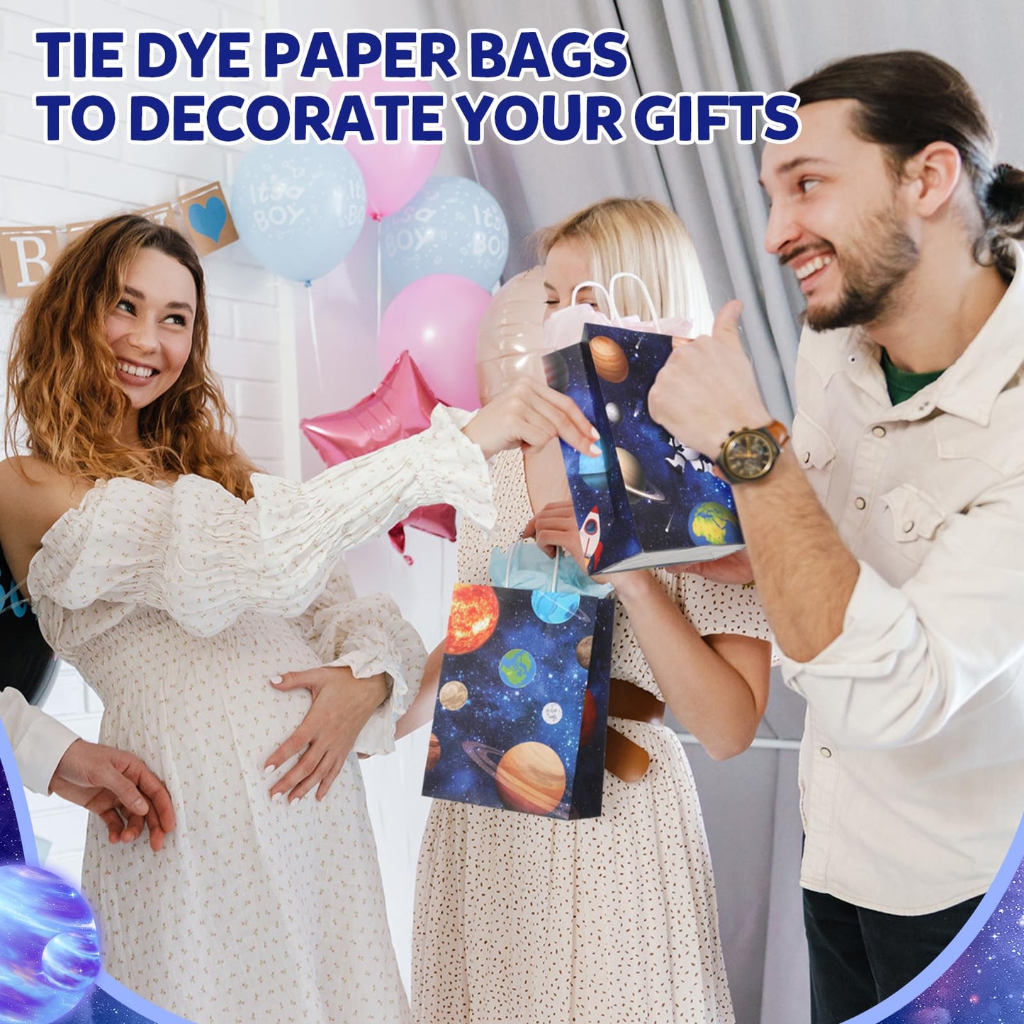 Gaillty 24 Pcs Outer Space Party Favor Bags Galaxy Goodie Gift Bags with Handles Kraft Paper Solar Treat Candy Totes for Astronaut Science Themed Birthday Party Supplies Decorations