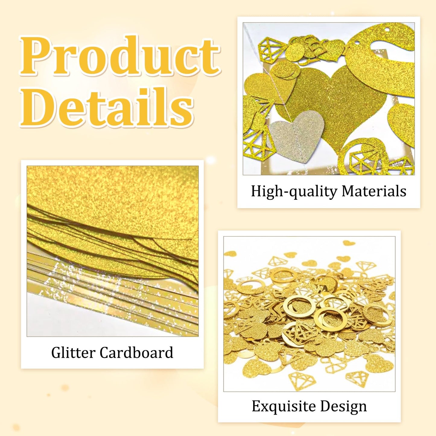 Wedding Banner Just Married Party Decorations Heart Streamers Garland Glitter Paper Diamond Ring Confetti for Bridal Shower Decor Home Party Engagement Party Bride'S Room Photp Prop Decorations