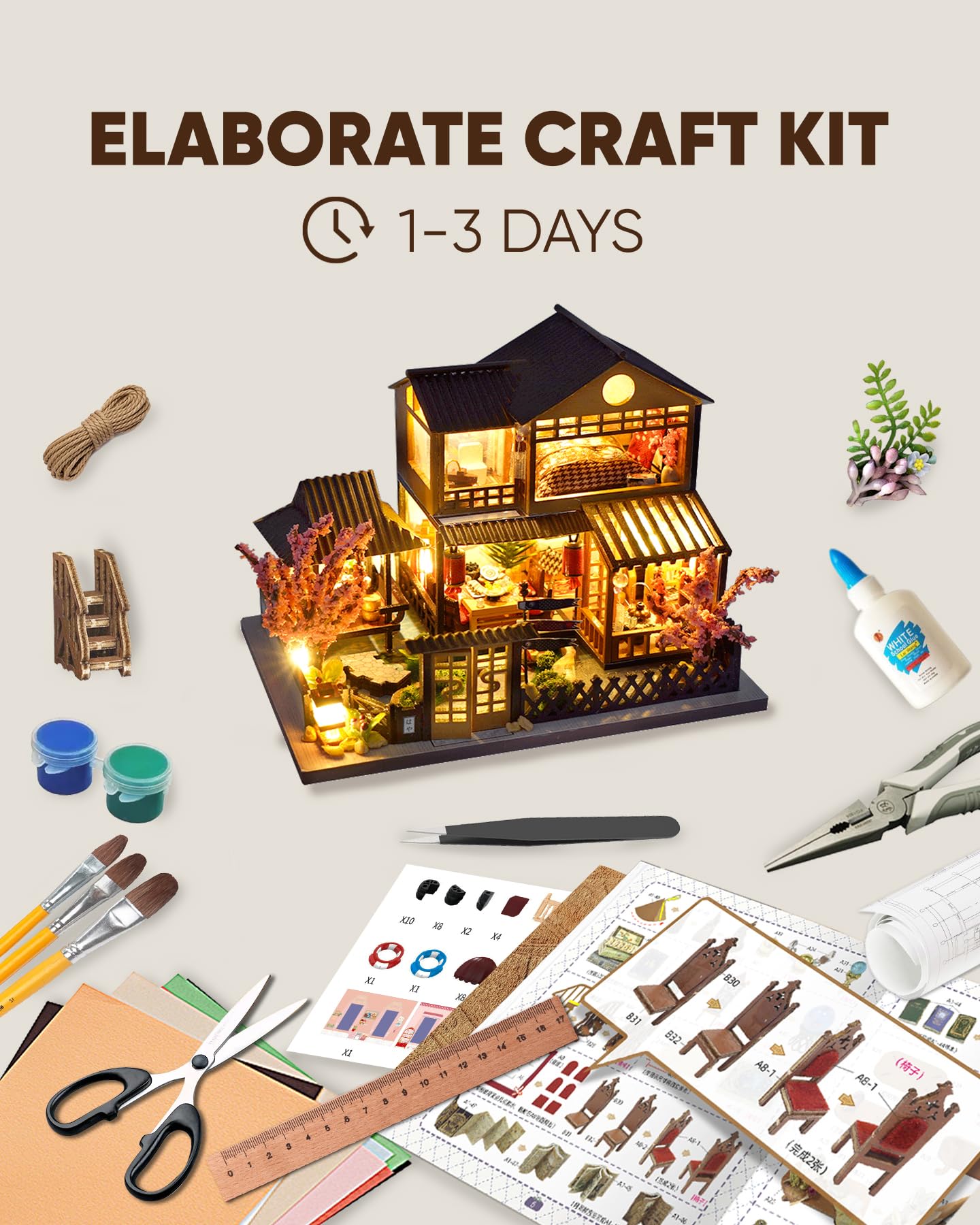 DIY Miniature House Kit, Mini House Kit for Beginners, DIY Dollhouse Kit for Adults to Build, Model Building Craft Diorama Kit, Ideal Gifts for Birthday Christmas(Japanese Garden House)