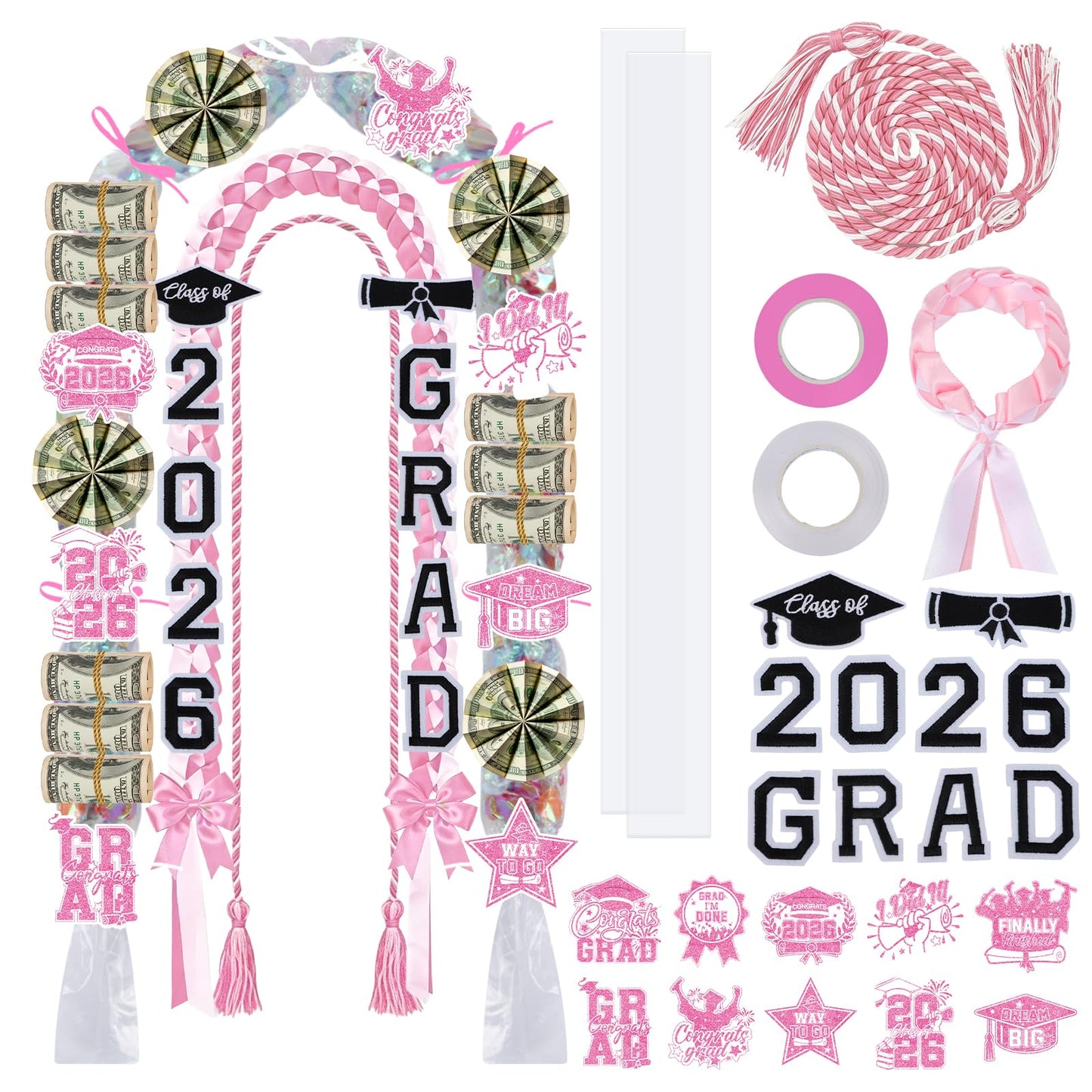Hamdwerk Candy Leis for Graduation 2026, 36Pcs Graduation Leis Class of 2026, Graduate Ribbon Lei Making Kits with Honor Cord Patches Cards, Pink White Double Lei Necklace Decorations Graduation Gift