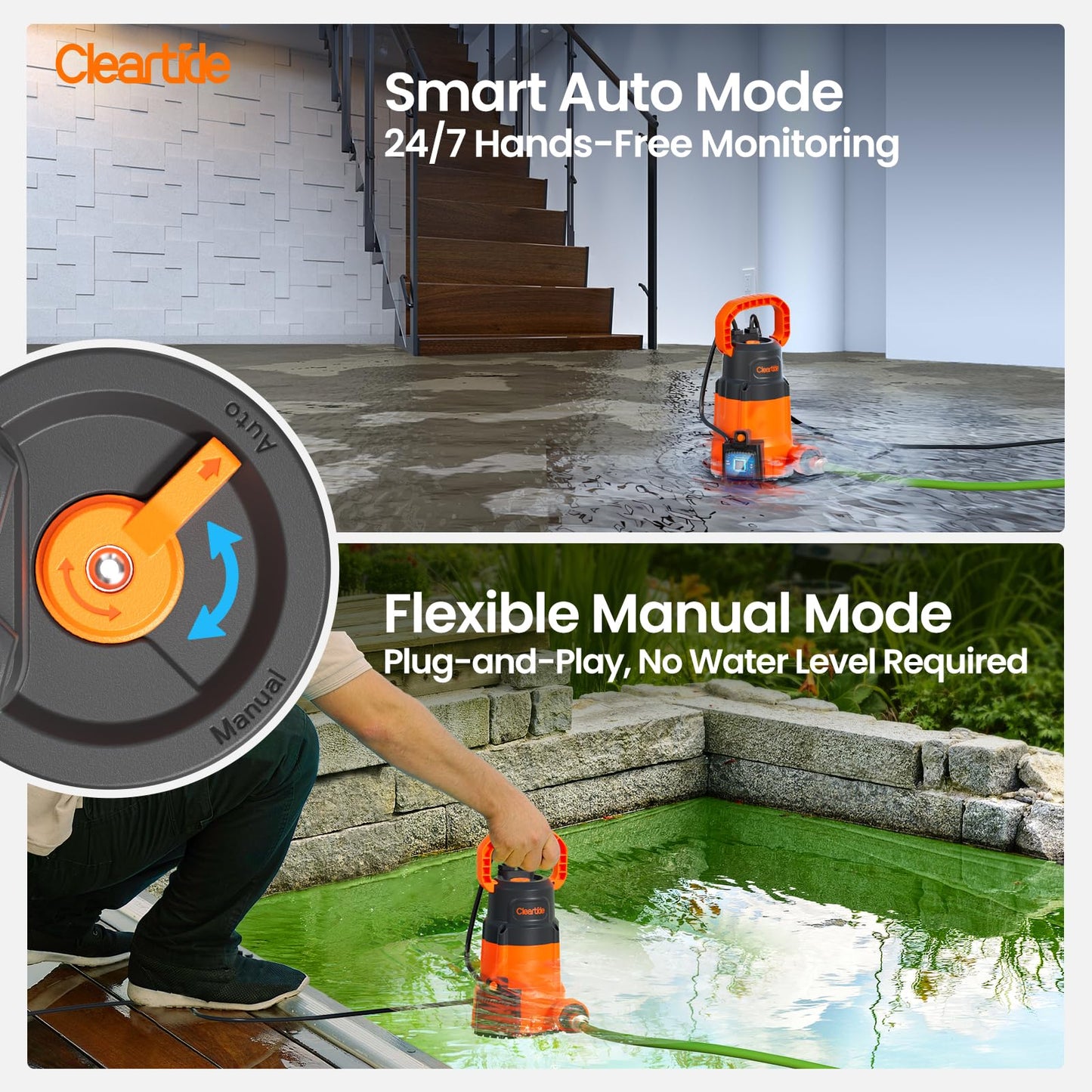 Cleartide 1/4 HP Submersible Utility Pump, 2160 GPH High Flow, Thermoplastic Portable Sump Pump with Auto Water Sensor, Ideal for Pool, Flooded Basement, Hot Tub, Pond & Garden Draining,10 FT Cord