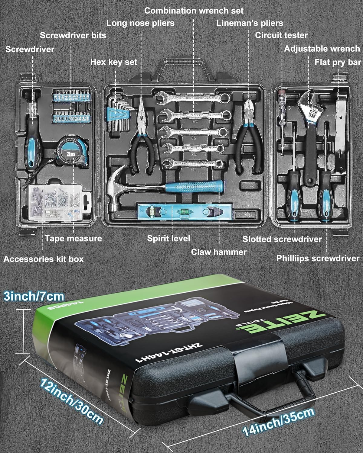 Zeite Tool Kit for Home, 144 Piece Hand Tool Set with Storage Box, General Basic Repair Tool Set with Hammer, Pliers, Wrenches, Voltage Tester, Measure Tape, Screwdriver Bits