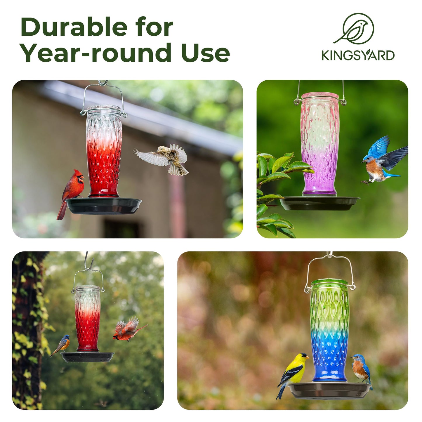 Kingsyard Bird Water Feeder for Outside, 24 Ounce, Glass Bird Water Dispenser with Metal Hanging for Garden Yard Outside Decoration, Red Gradient