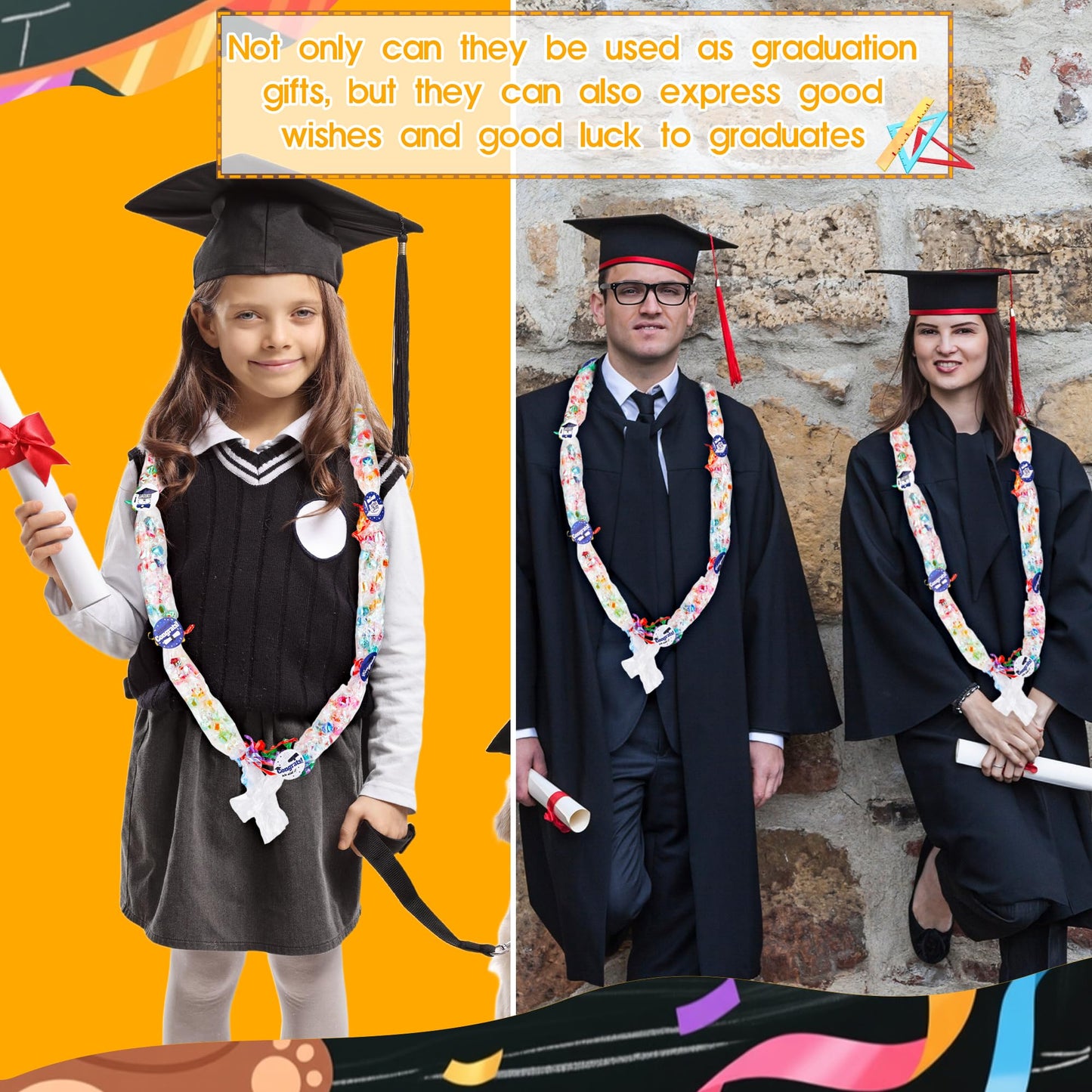 Mikasee 110 Pcs Graduation Candy Lei Making Kit 50 Graduation Candy Lei Tubing Lei Bags with 50 Sheet Stickers 10 Rolls Ribbon for School Graduation Wreaths