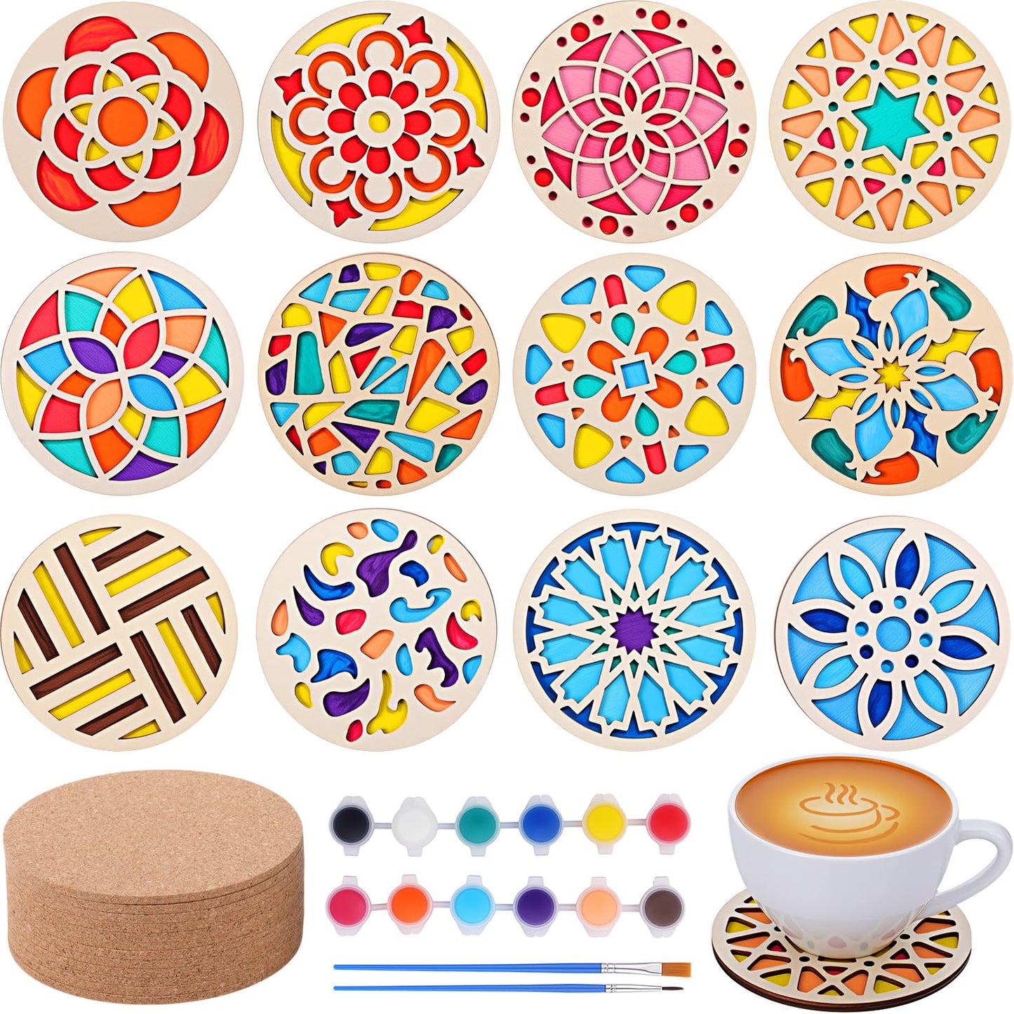 Reallnaive Wood Coasters Craft Kit Paint You Own Coaster Wooden Painting Craft Kits for Adults and Beginners DIY Coasters Kit Mandala Painting Crafts Art Supplies(12 Pcs,Mandala)