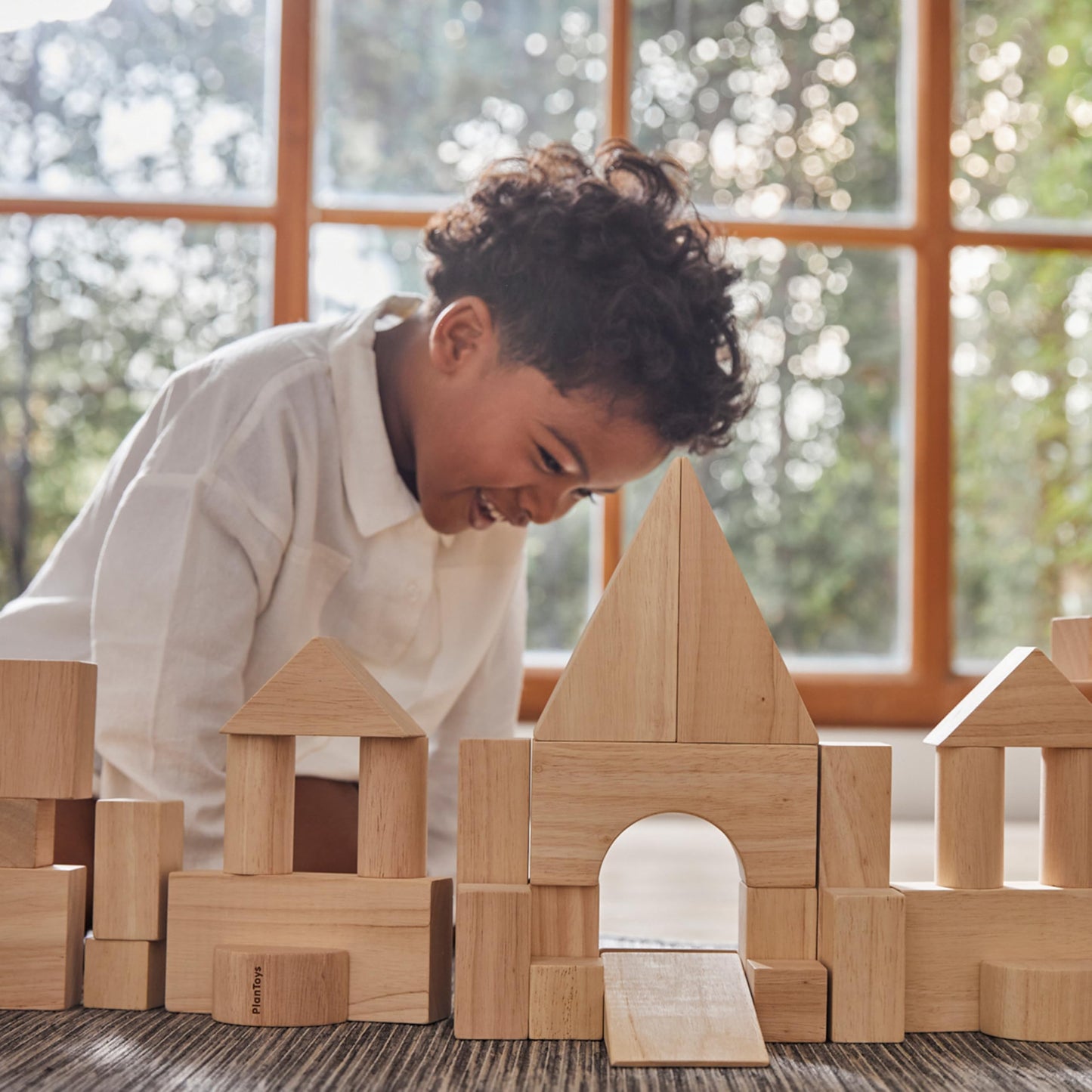 PlanToys Wooden 50 Piece Unit Block (35 mm) Building Set (5502) | Sustainably Made from Rubberwood and Non-Toxic Paints and Dyes | PlanNatural Classic Wooden Toy Collection