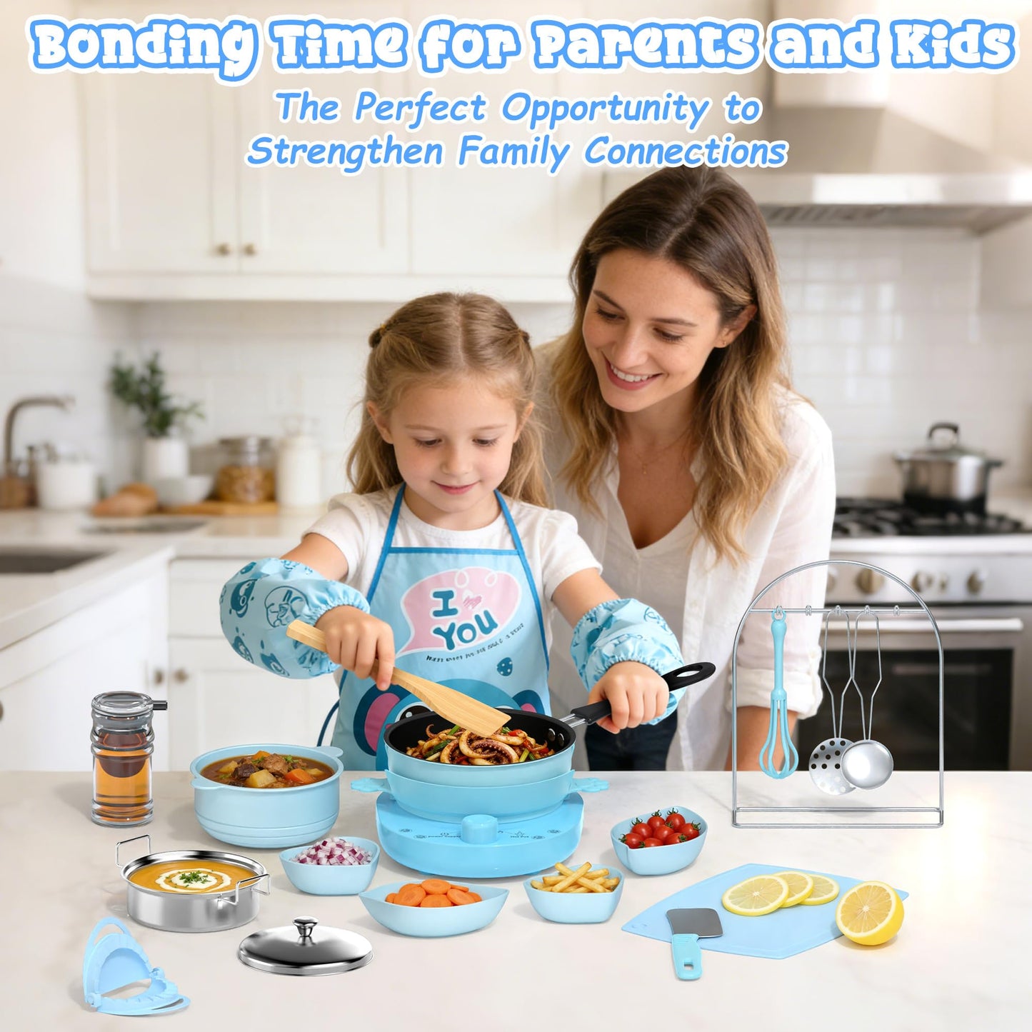 Gotoofun Kids Cooking Set Real for Beginners, 28PCS Mini Kitchen Starter Set with Anti-Slip Safety Guard, Easy Cooking Toys for Boys Girls Ages 8-12, Blue