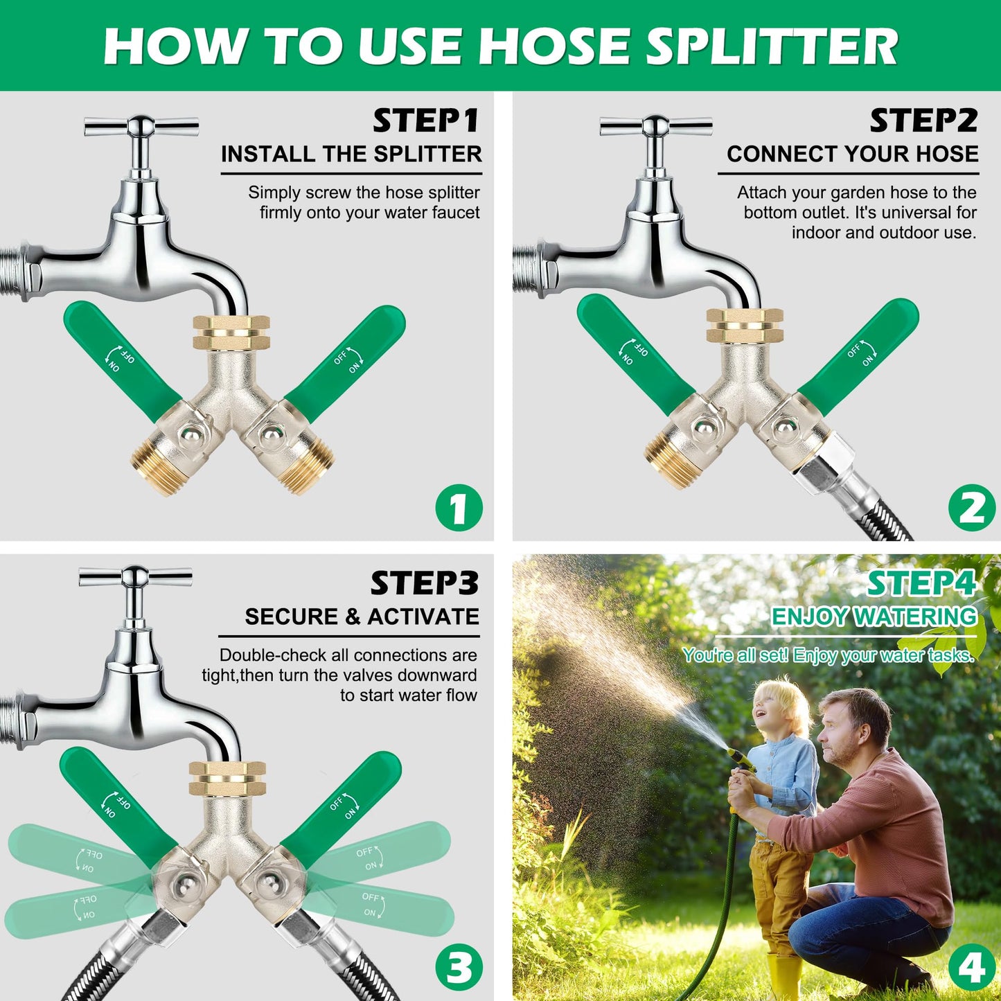 Love is War Hose Splitter 2 Way, High-flow Brass Garden Hose Splitters, Dual Water Rv Hose Bib Splitter, Heavy Duty Faucet Splitter, Outdoor Hose Connector, With Shut Off Y Valve 3/4 Inch Ght Thread.