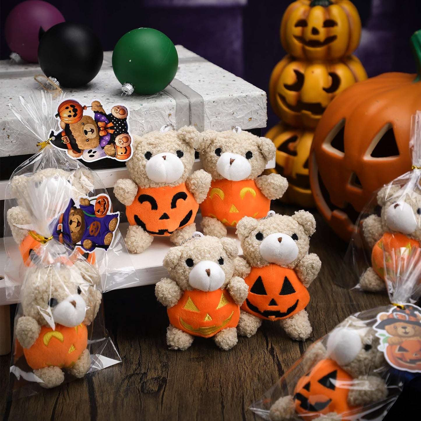 Hiboom 24 Set Halloween Mini Plush Stuffed Bear Gift Set 4 Inch Animal Bear in Pumpkin Soft Doll Classroom Exchange Keychain Gifts for Halloween Birthday Party Favors